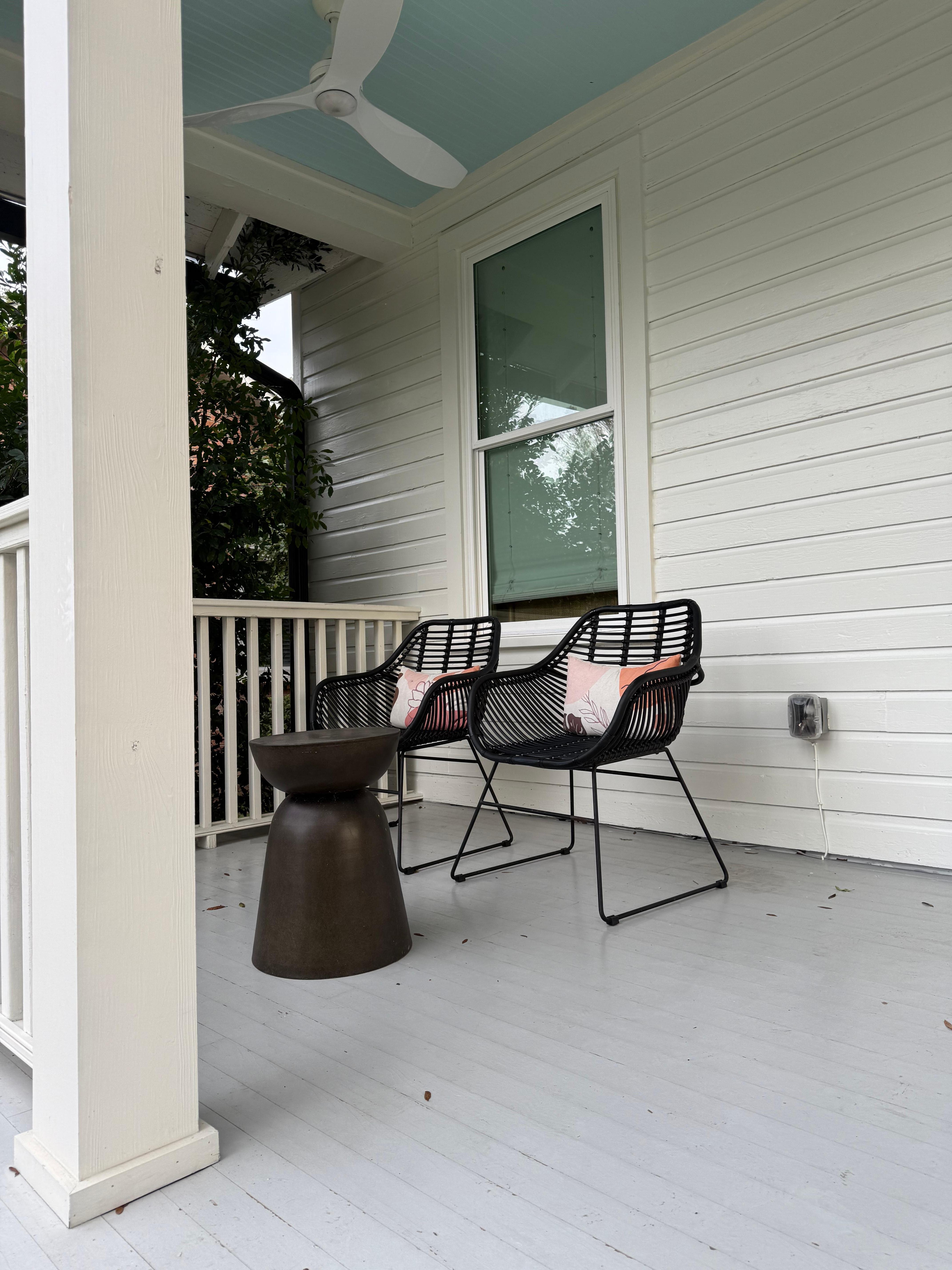 Multiple front and back patio gathering spaces