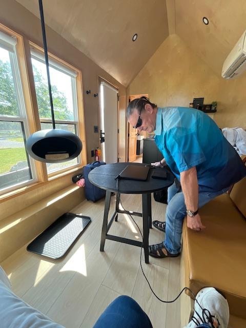 Total cabin size. Note with the Exterior Bistro table being used for workspace, you cannot walk in the cabin. It cuts the cabin in half.