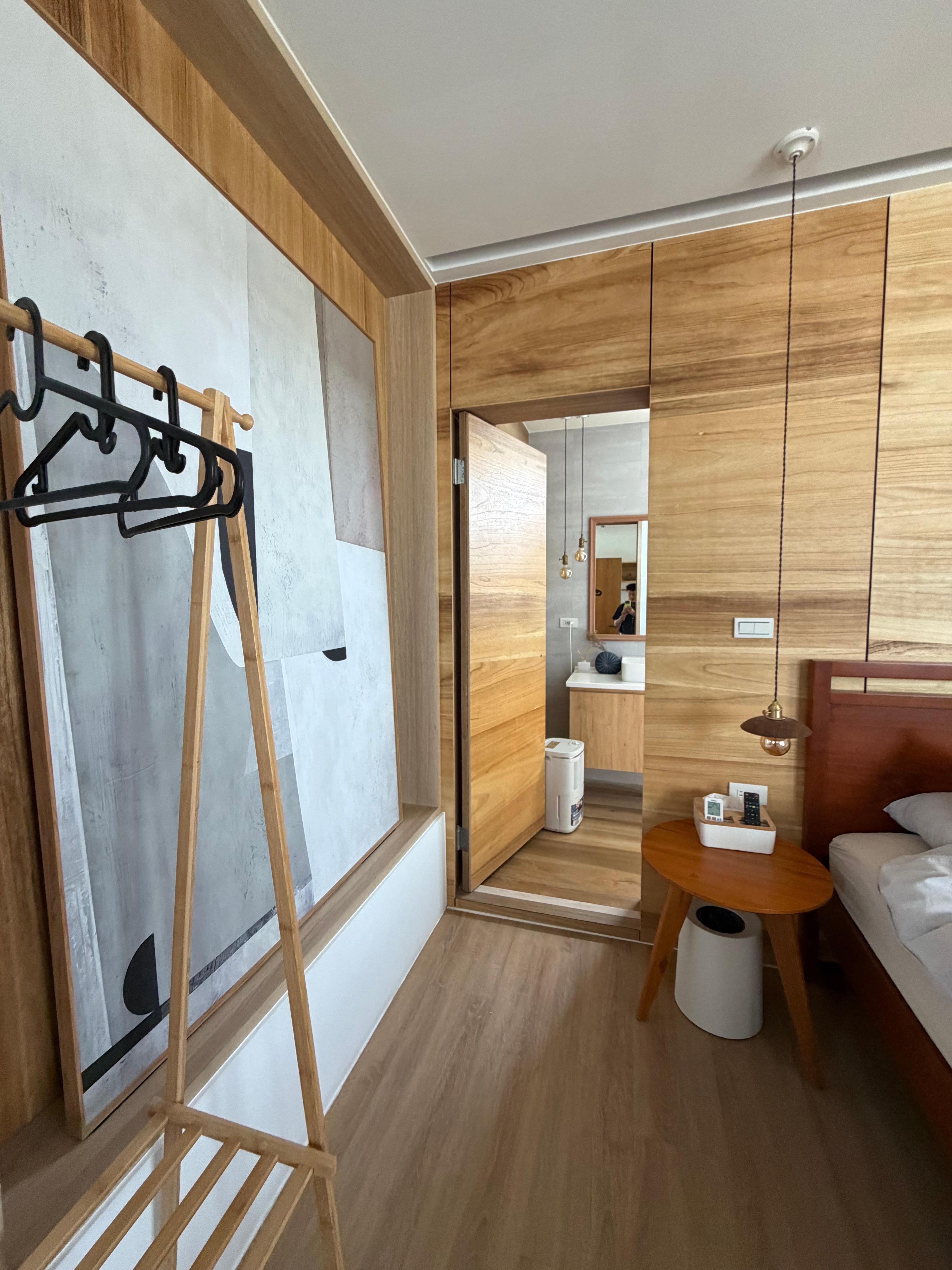 Bright and spacious room with warm wood accents 