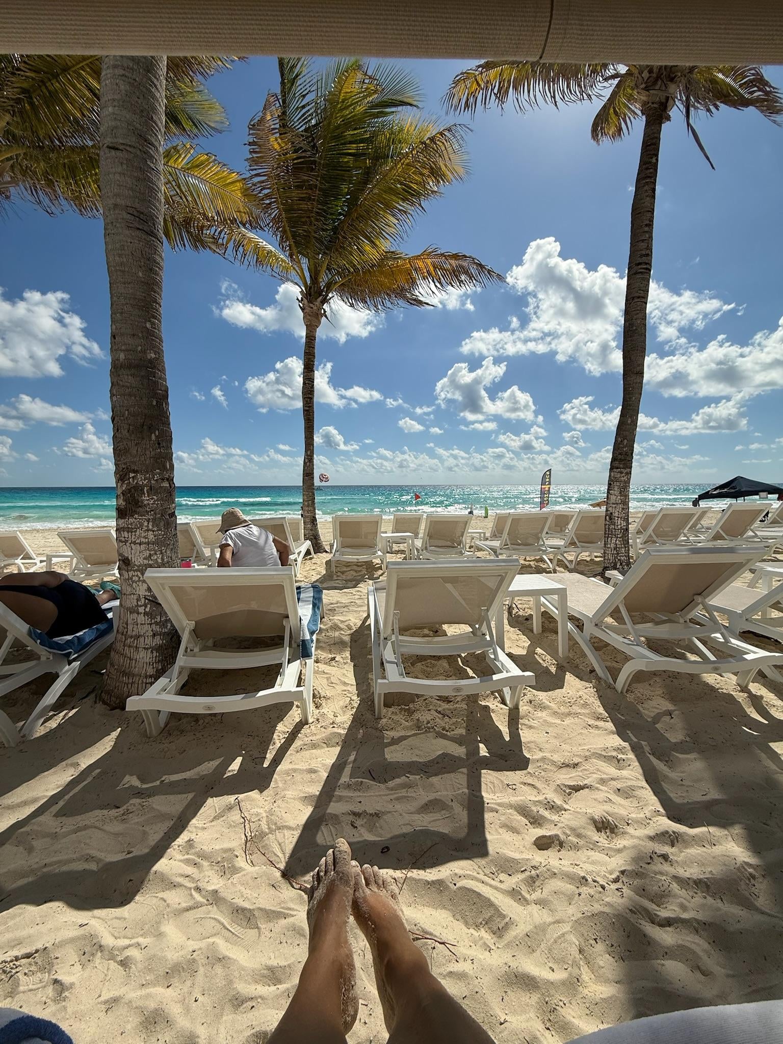 view from beach lounge chairs.