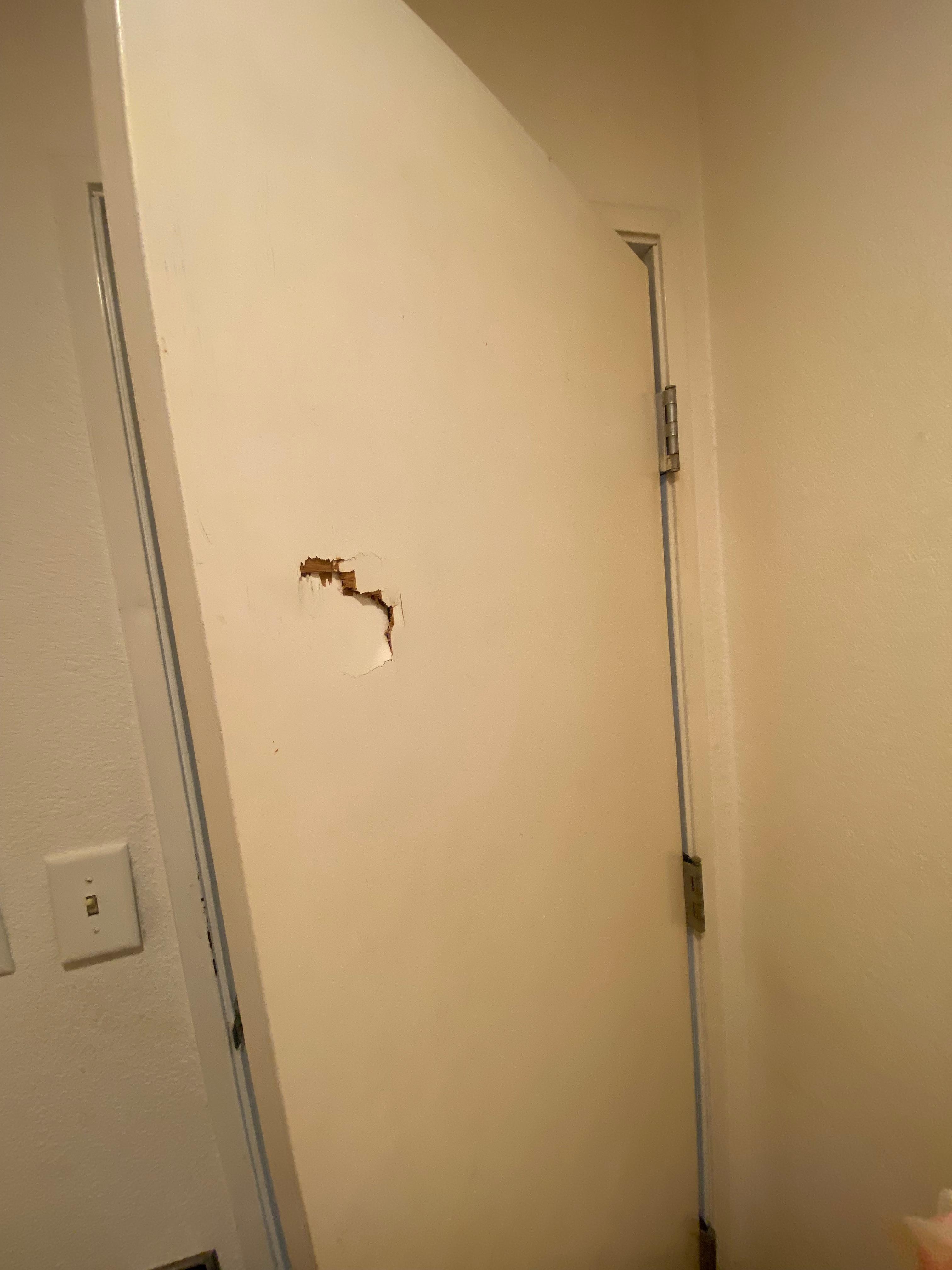 Hole in bathroom door.