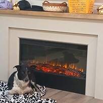 Our fur friend loved the faux fireplace.....the heat put him right to sleep!