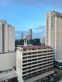 Pool deck view of city.