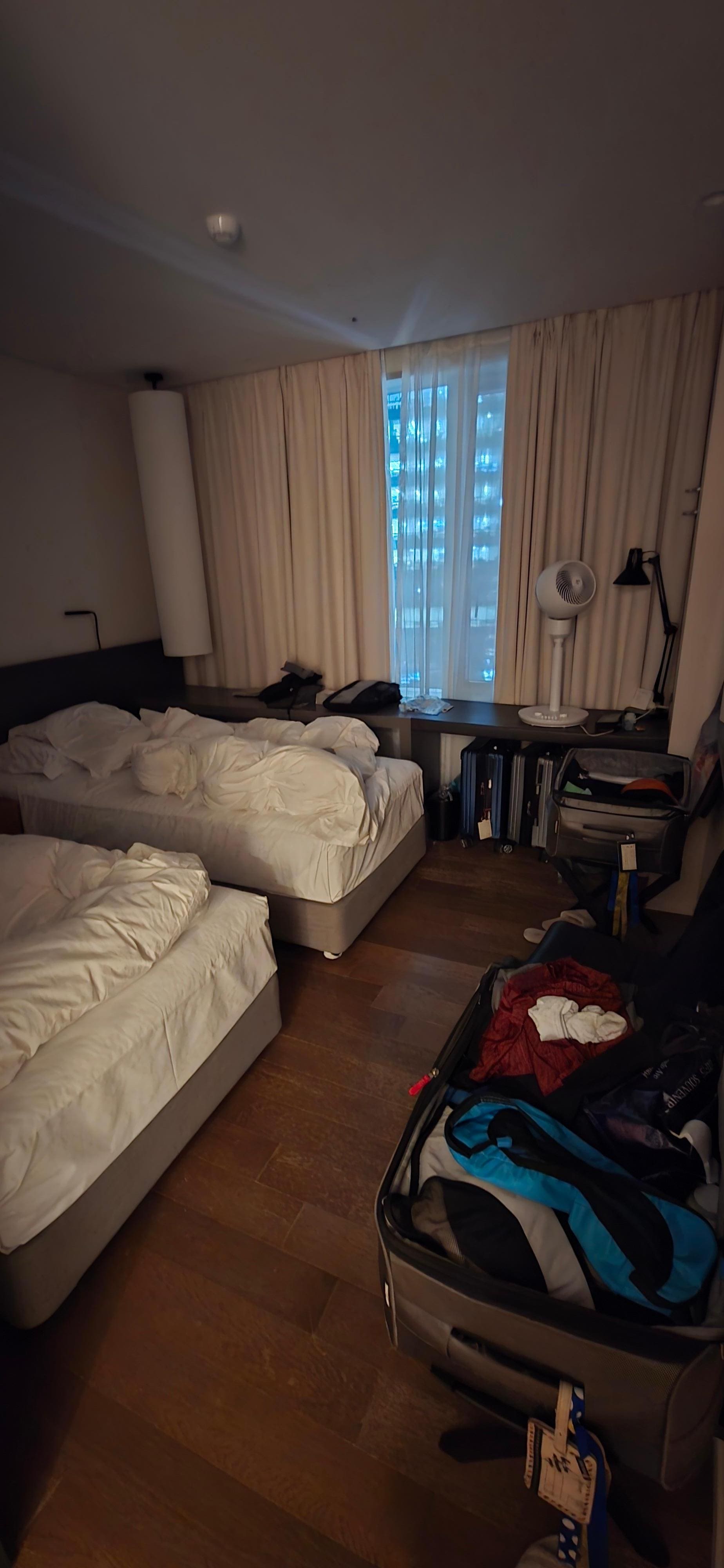 The room is super small and they do not have room for two people to properly hang two towels to dry. 