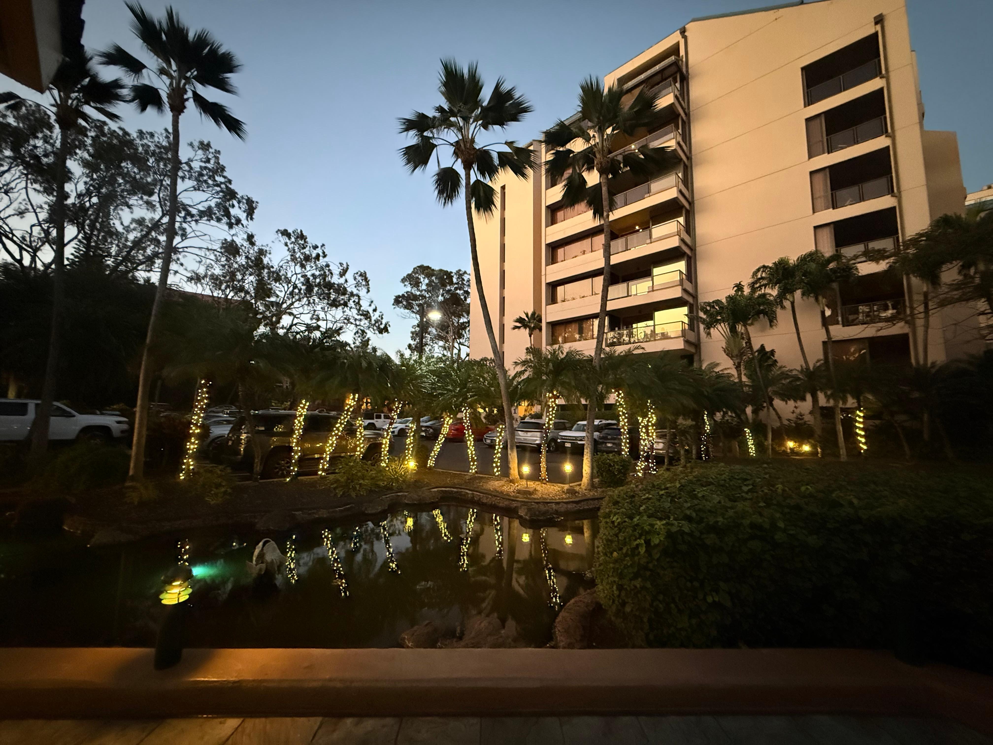 At night by the front desk.