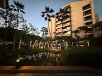 At night by the front desk.