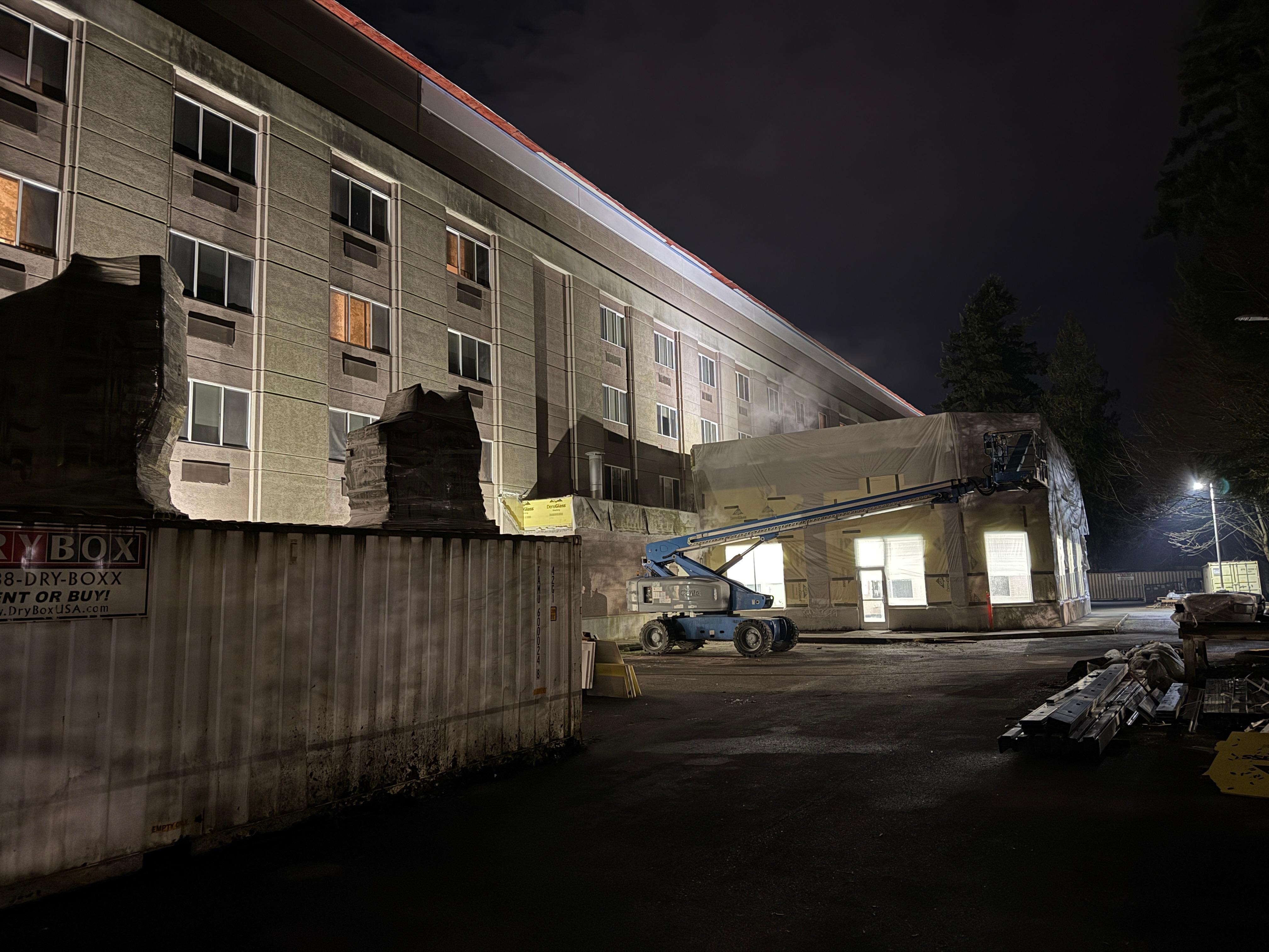 Rear parking is filled with construction equipment so parking is very limited.