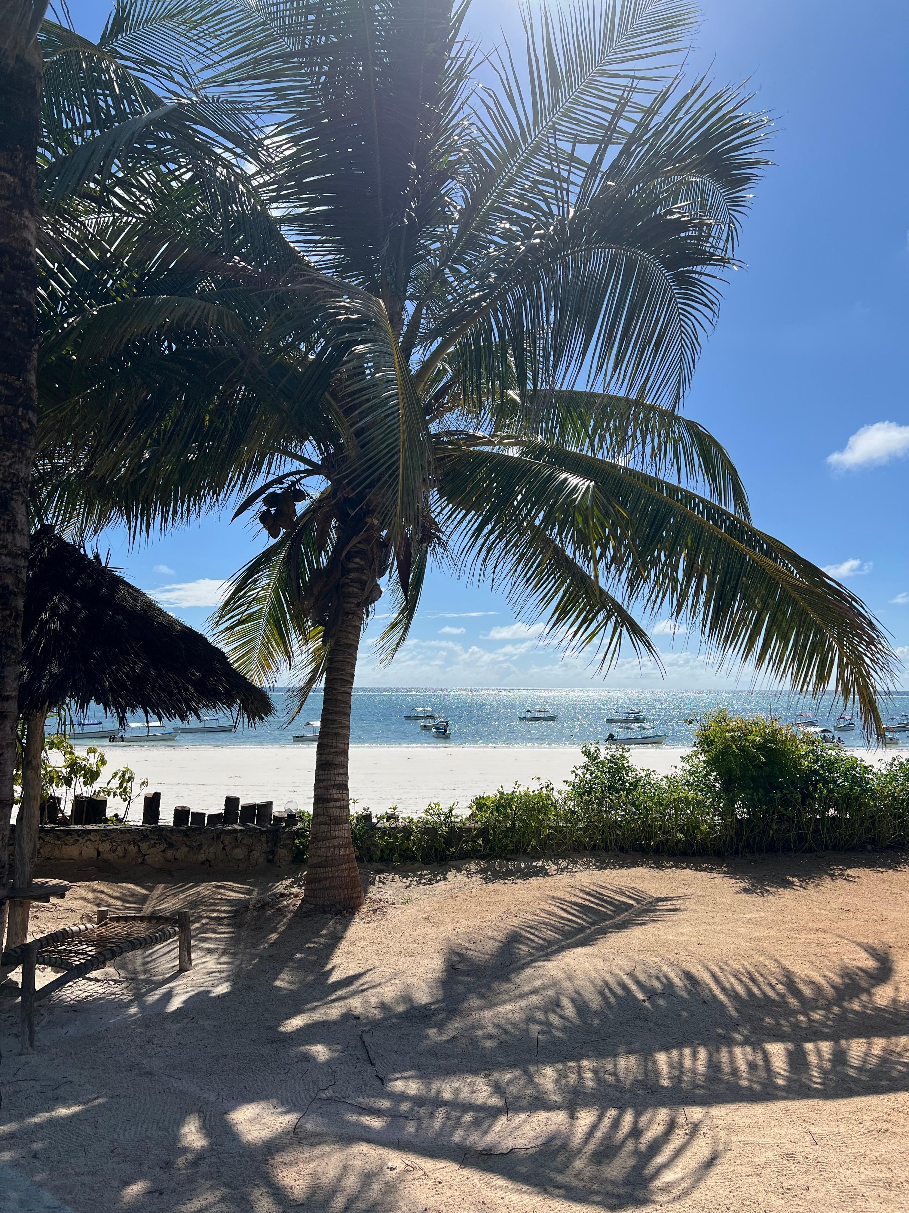 Sicht vom Hotel über Privatstrand zu öffentlichem Strand 