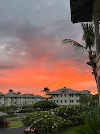View of sunset from the balcony/deck.