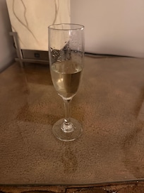 Complimentary champagne in a glass flute!
