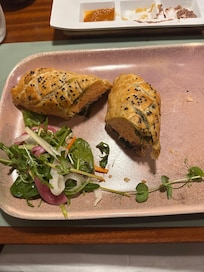 Salmon Wellington (!) from restaurant Porto Paolo, a 5 minute seaside stroll from the property- our favorite, along wit Atna Bistro (even closer!)