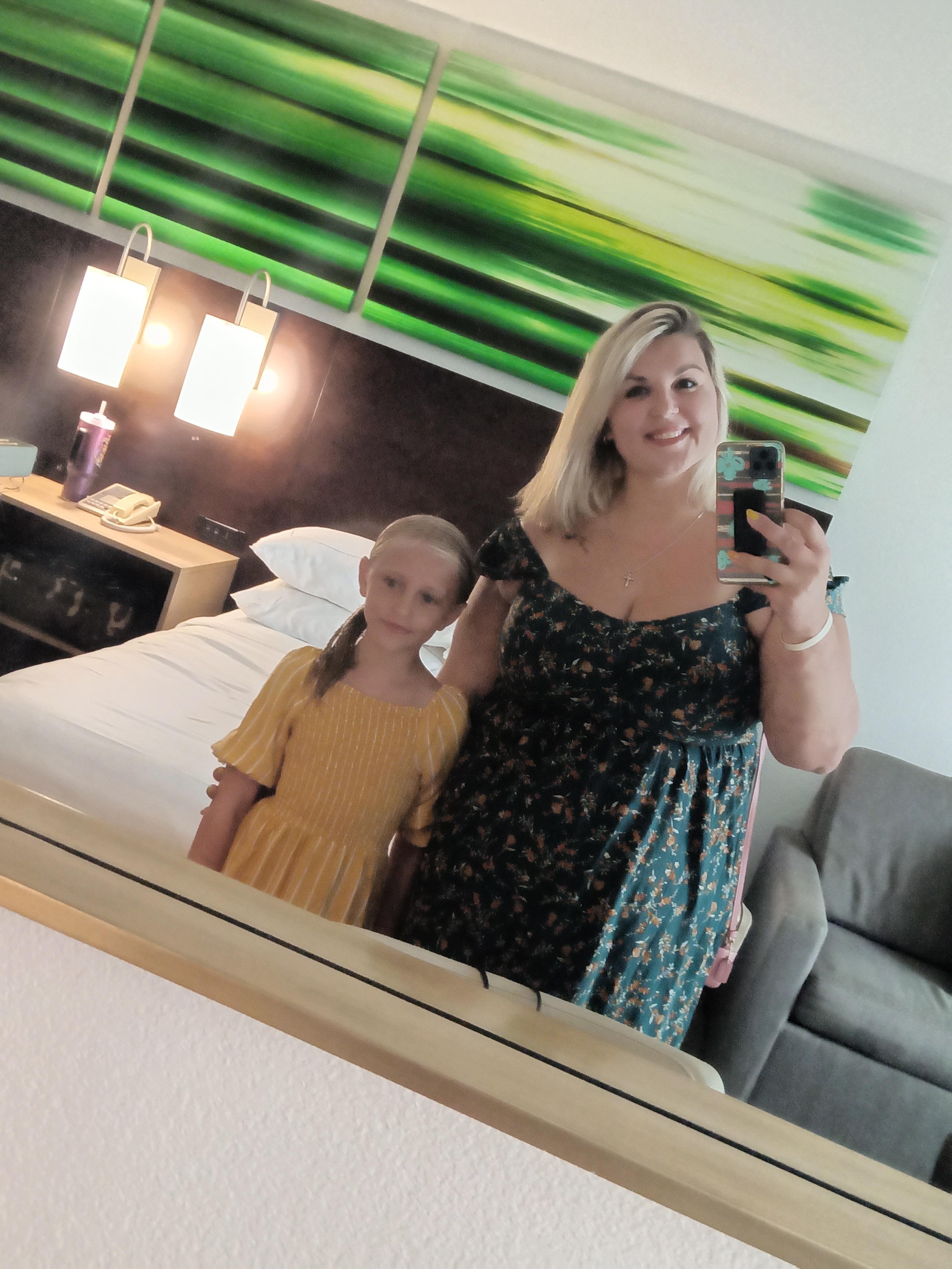 My daughter and I in our room getting ready for our dinner!