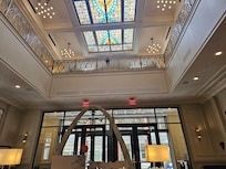 Beautiful stained glass ceiling in the lobby.