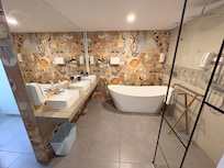Three sinks, but not soap.