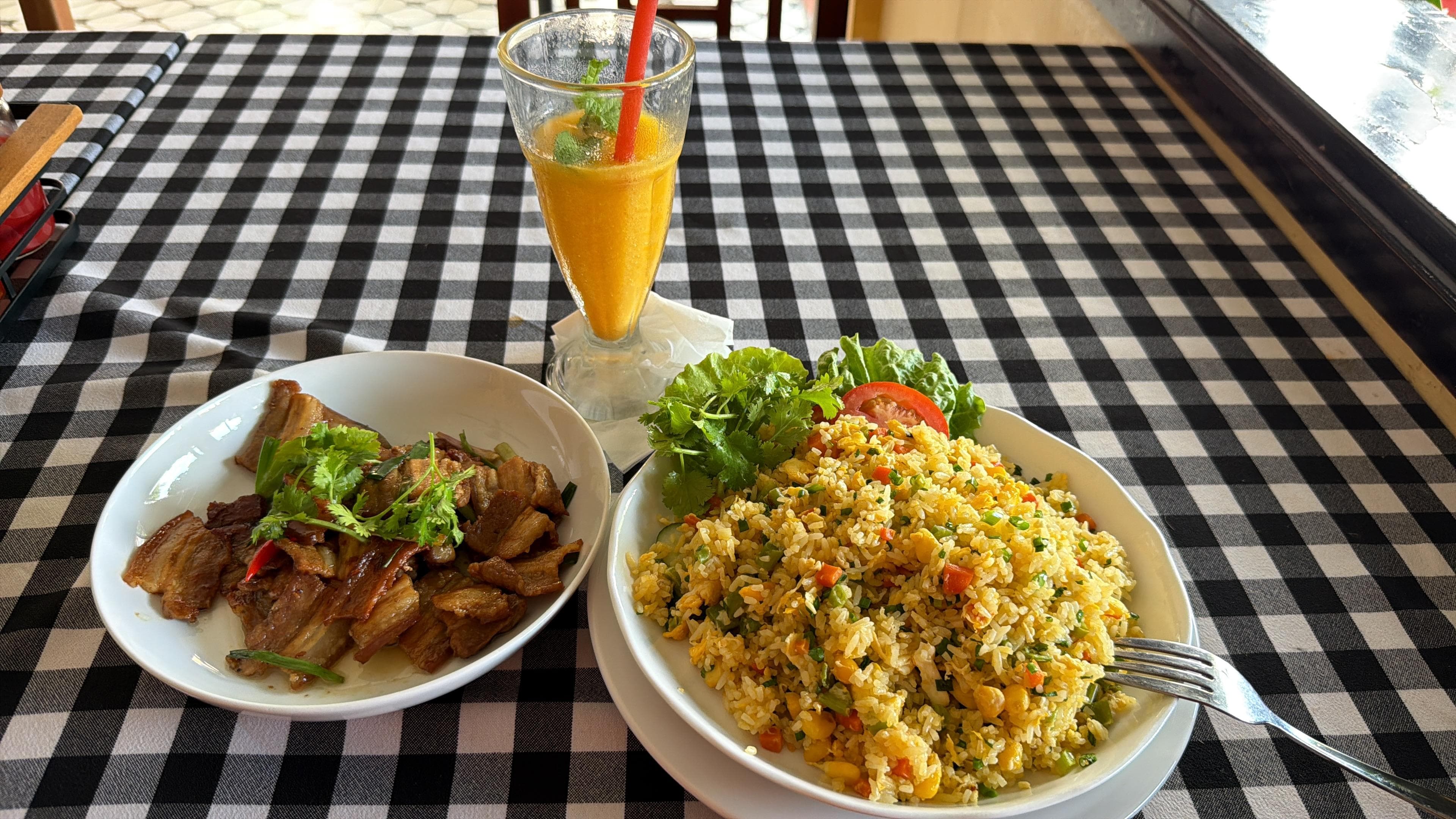 My awesome first meal. Beef with fried rice and a mango drink