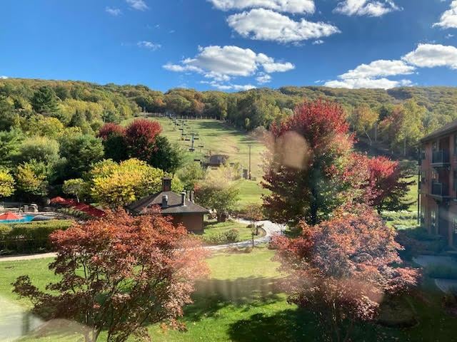 View from window of condo.  Gorgeous day.  Beautiful resort grounds.  View of ski slope is in background.  Visited in early October to attend another sporting event.