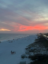 View from top of pedway at sunset. Has seating areas.