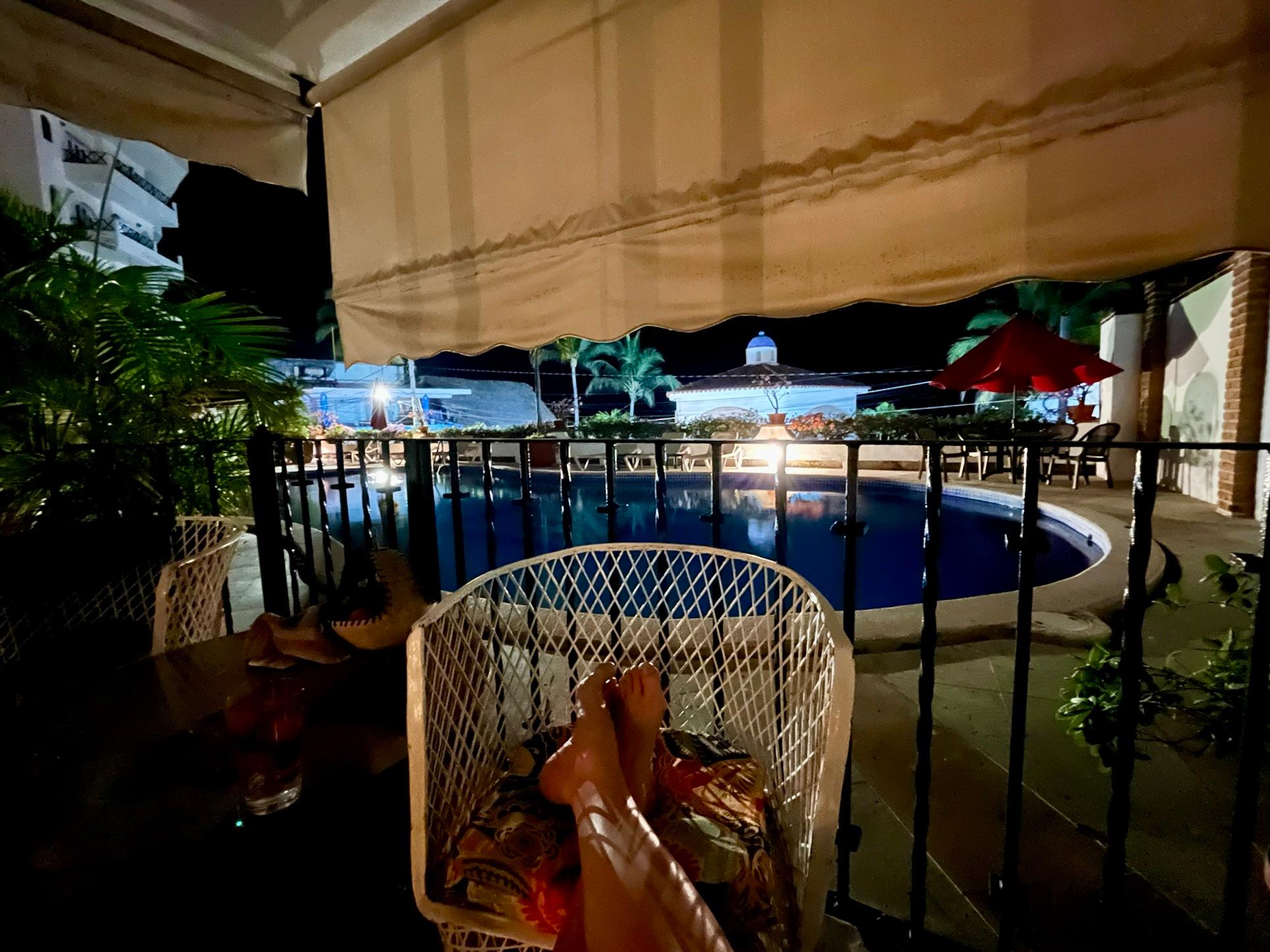 This is the "deck". You can hear the waves on the beach. The pool only had people in it a few times during our week stay - it was like our own