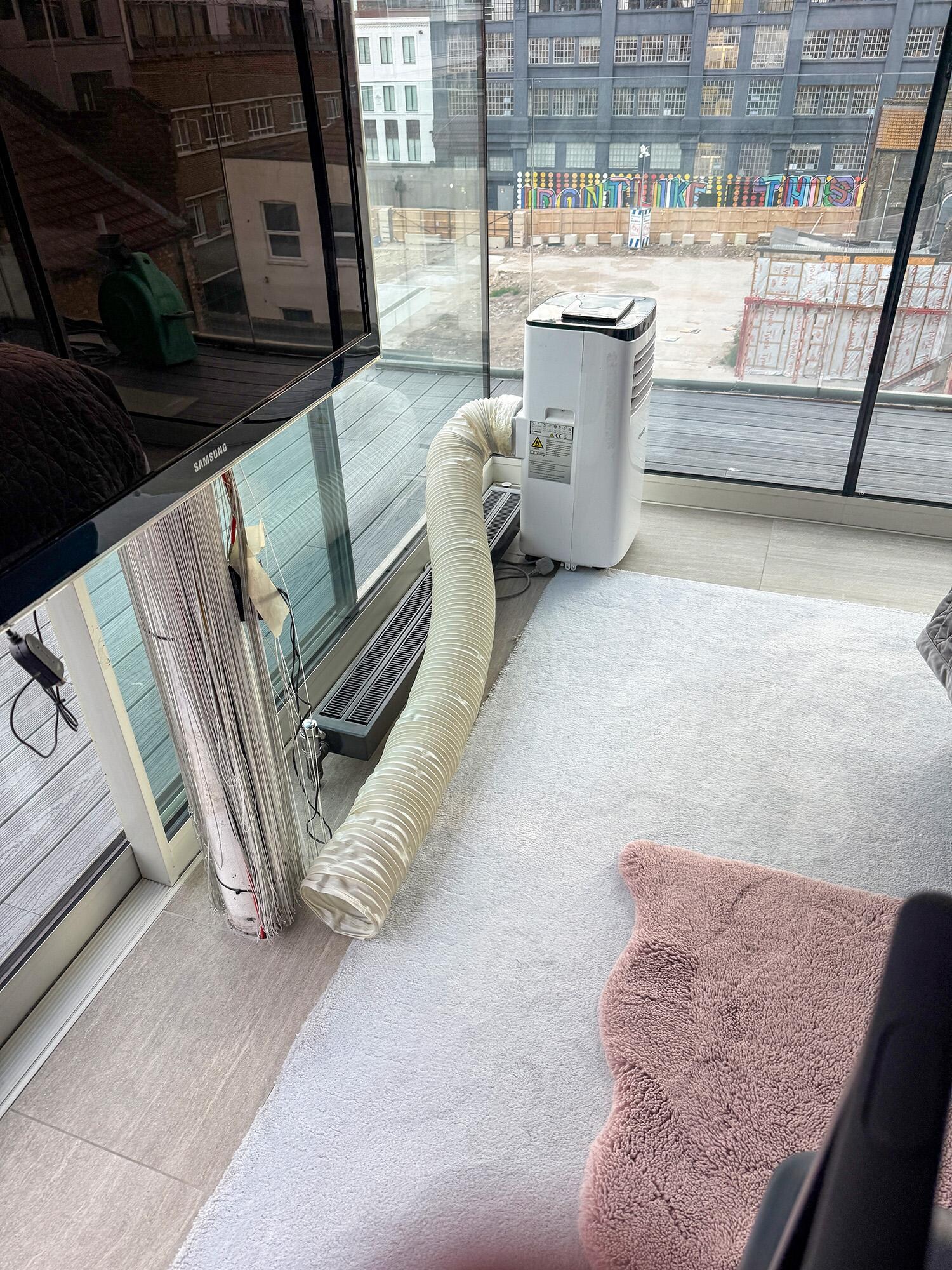 You have to open the sliding glass door in order to vent the portable air conditioning unit - defeats the purpose of the unit.
