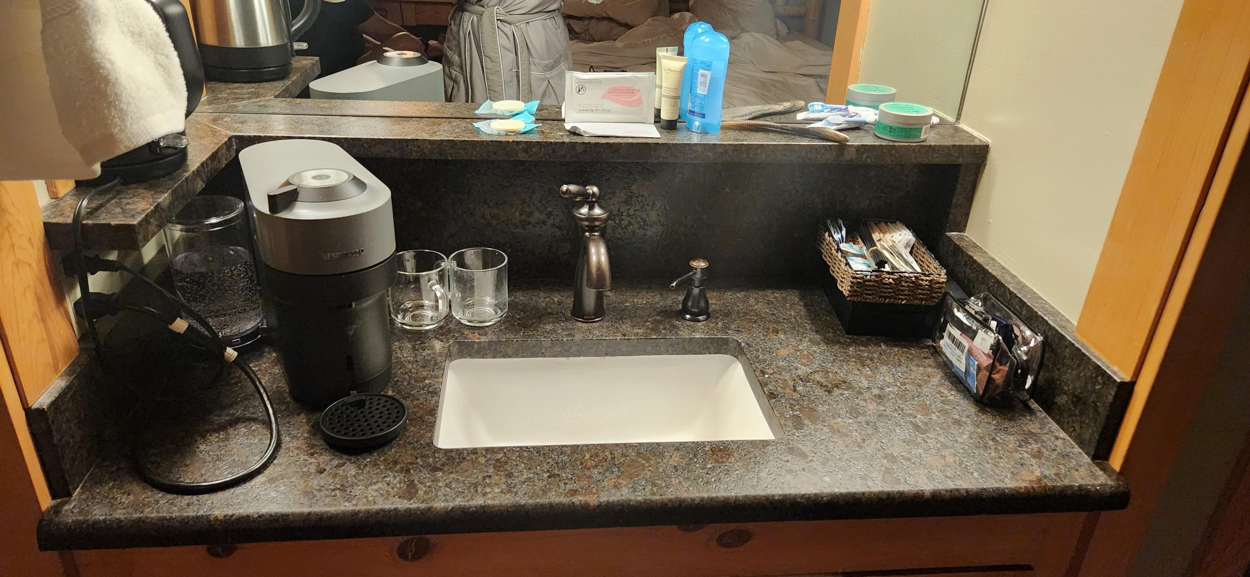 One sink for washing, coffee and tea, brushing teeth....
