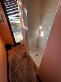 Upstairs shower. No door no courts in. Water drips into the adjacent carpeted bedroom. Bedroom smells moldy
