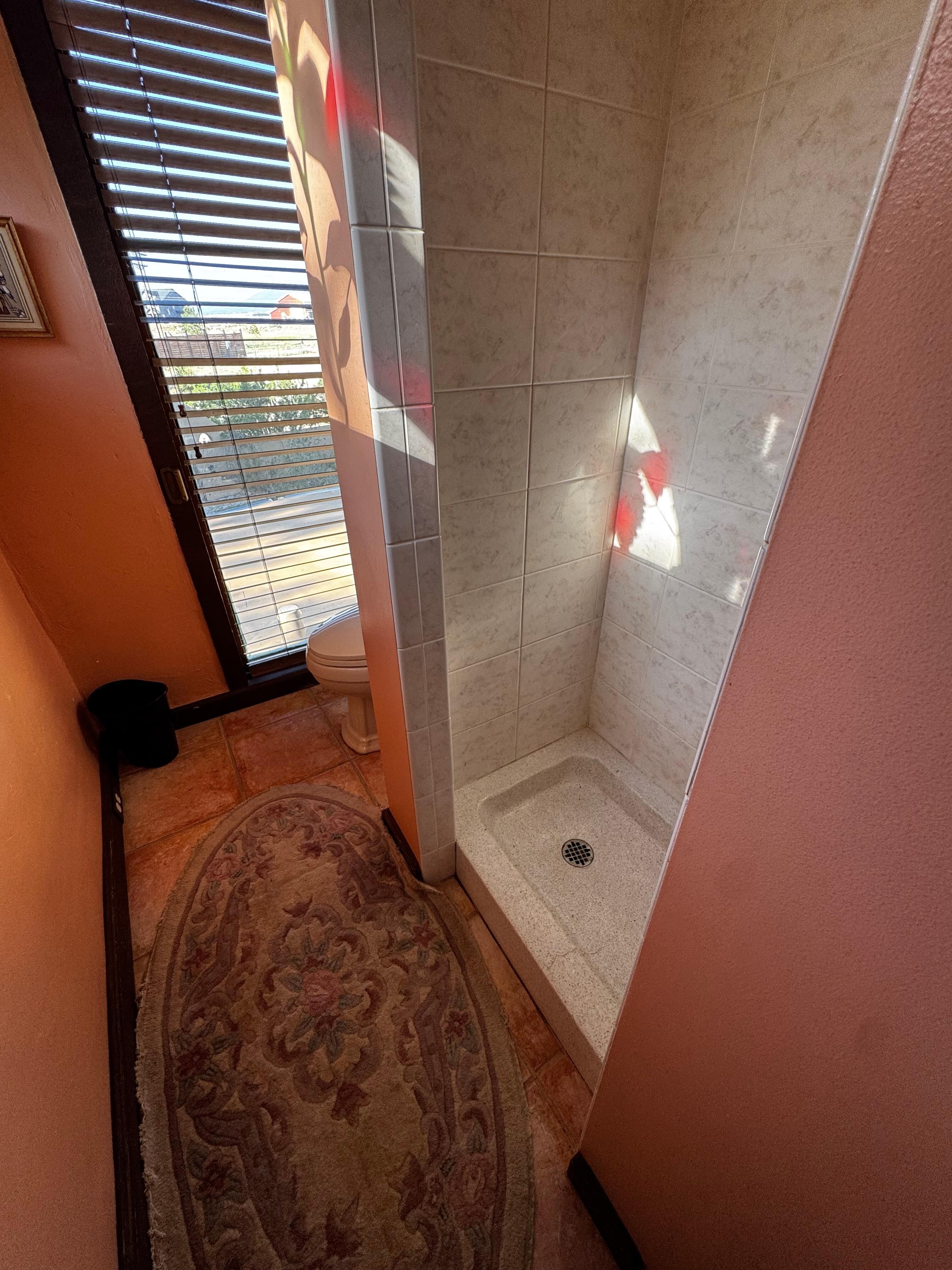 Upstairs shower. No door no courts in. Water drips into the adjacent carpeted bedroom. Bedroom smells moldy 