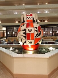 Stunning pottery from the Acoma pueblo artist Sanchez in the renovated lobby and dining/bar area