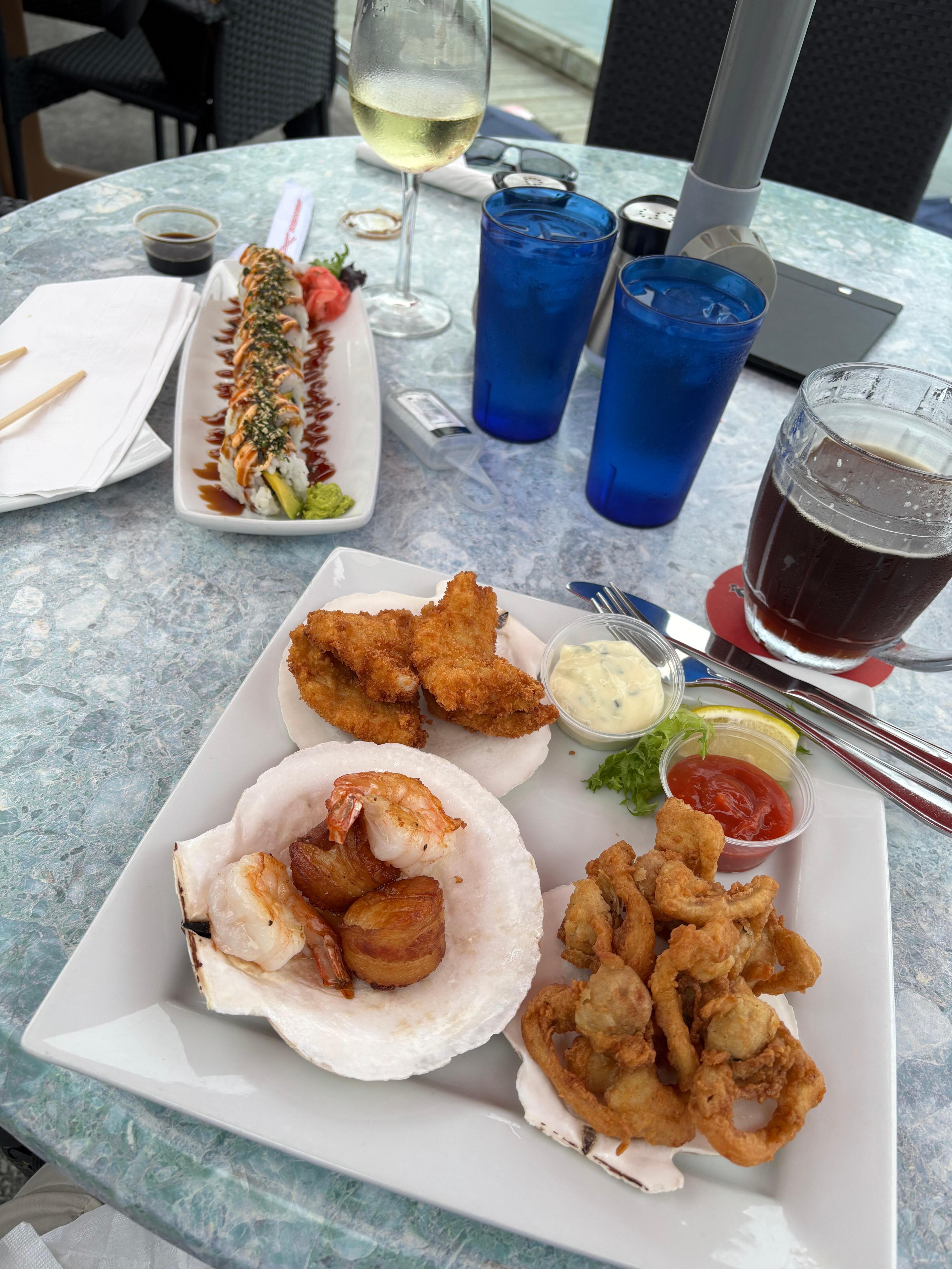 Seafood sampler and vegan sushi at Fundy Restaurant. 