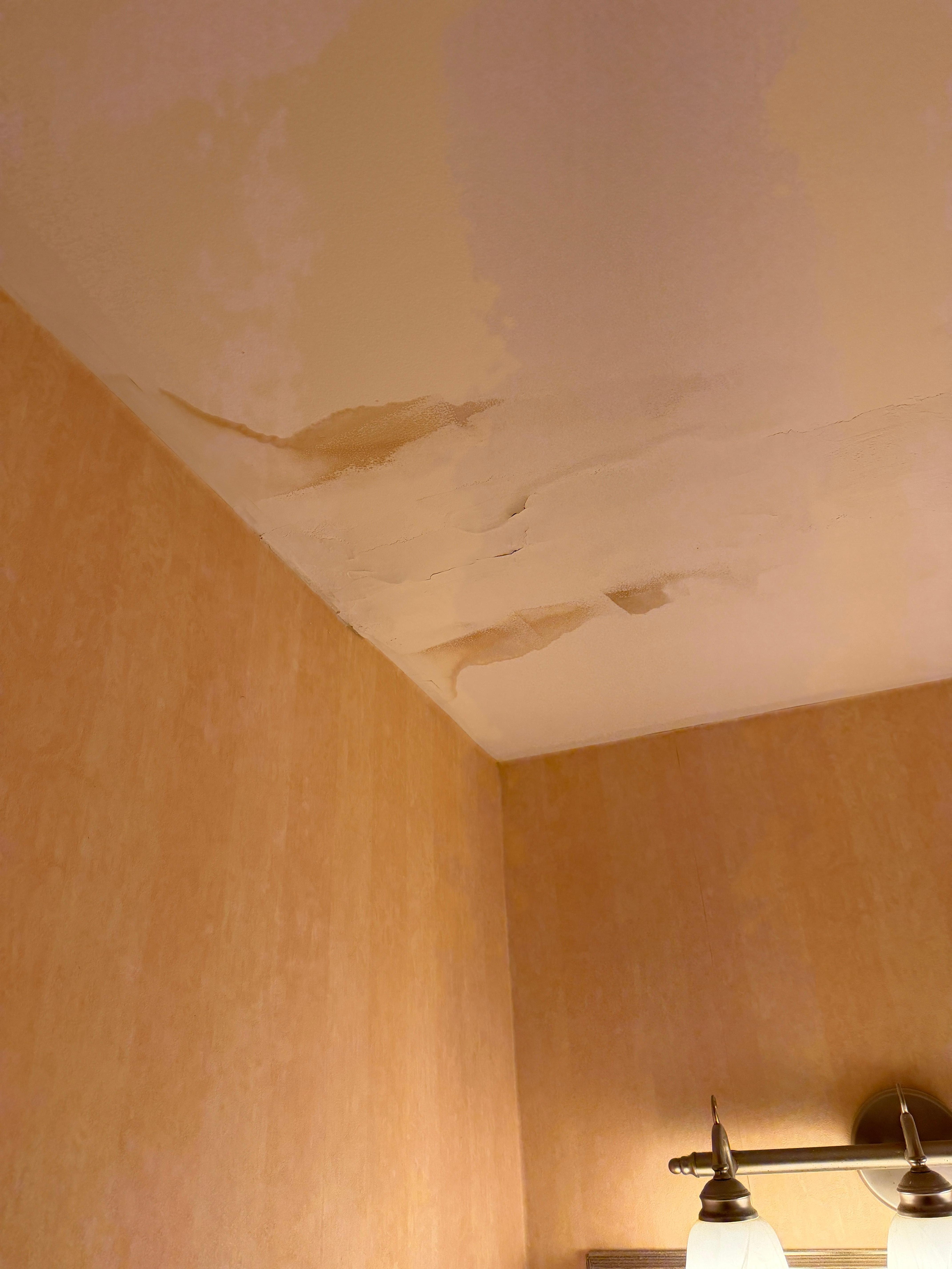 Peeling ceiling from a leak in the bathroom.