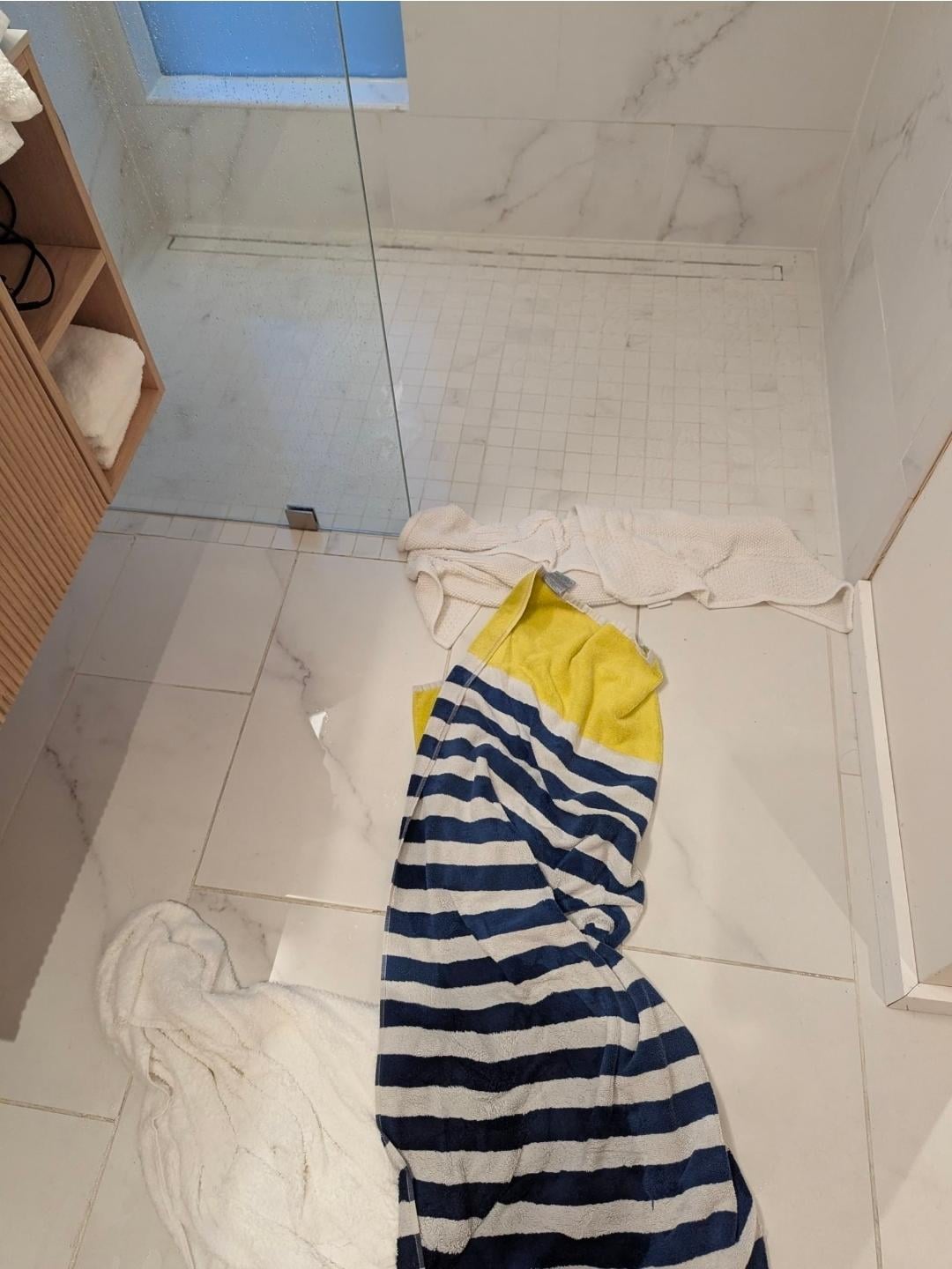 Flooded downstairs shower--no drainage.
Handicapped person had to call for help and was embarrased that two people had to come in.