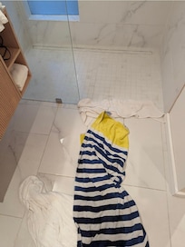 Flooded downstairs shower--no drainage.
Handicapped person had to call for help and was embarrased that two people had to come in.