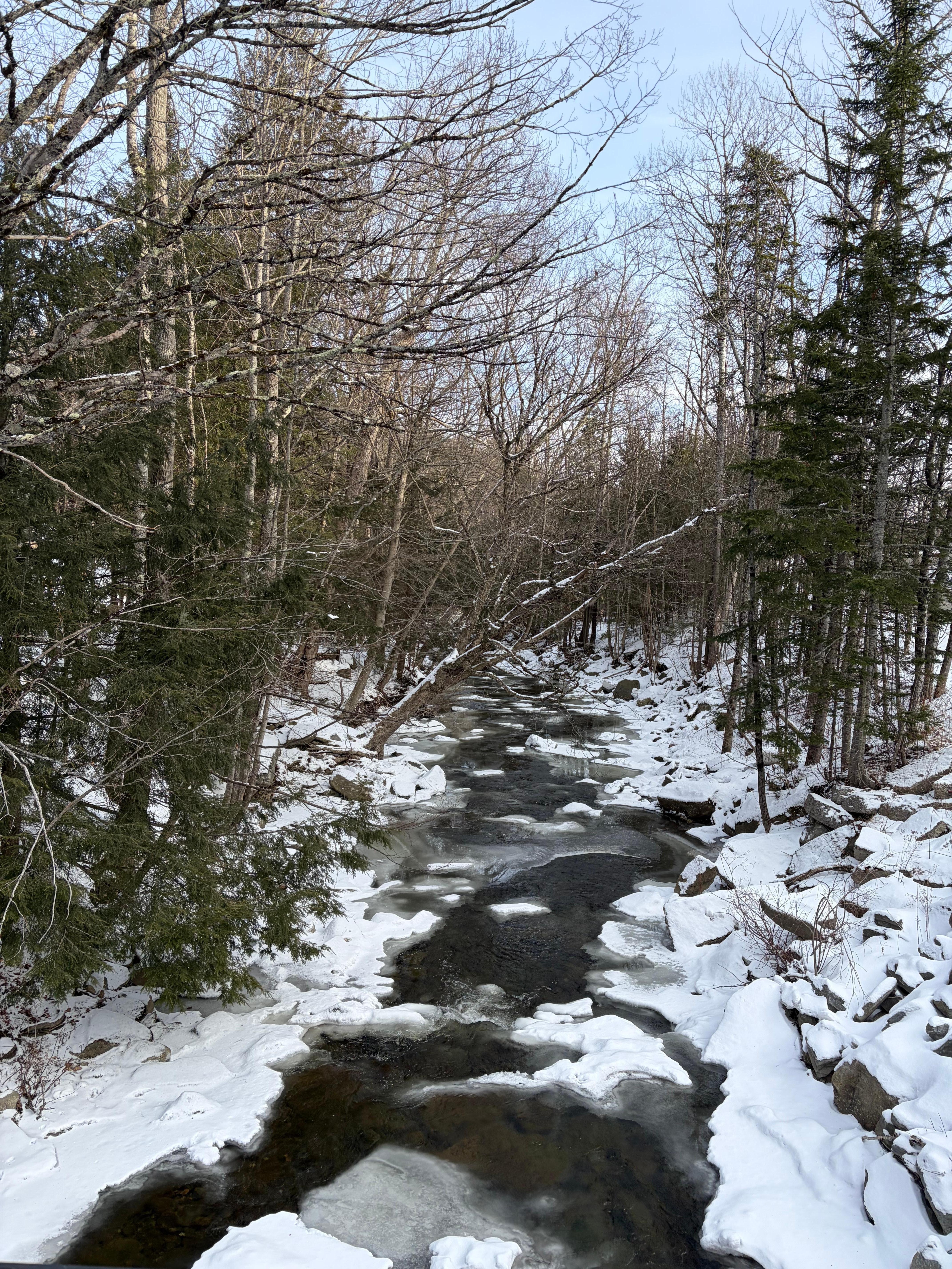 Back of the house sits above a beautiful brook - magical with all the snow.