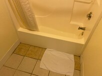 Gross bathroom. Grout was coming up and it felt like we would fall through the floor - plywood needs replacing as it's obviously got water damage.