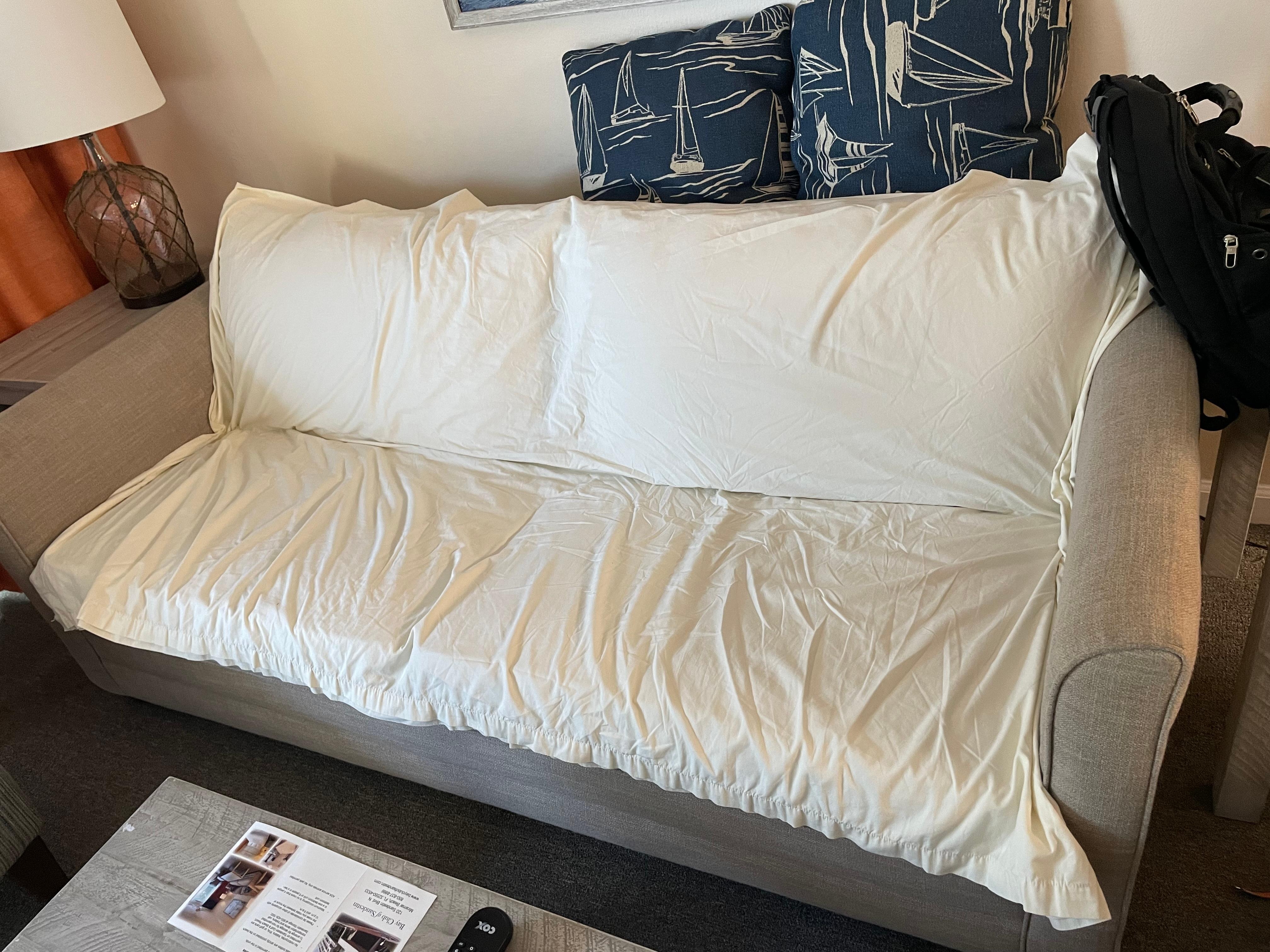 We put bedsheets on top to feel comfortable as couches looked dirty