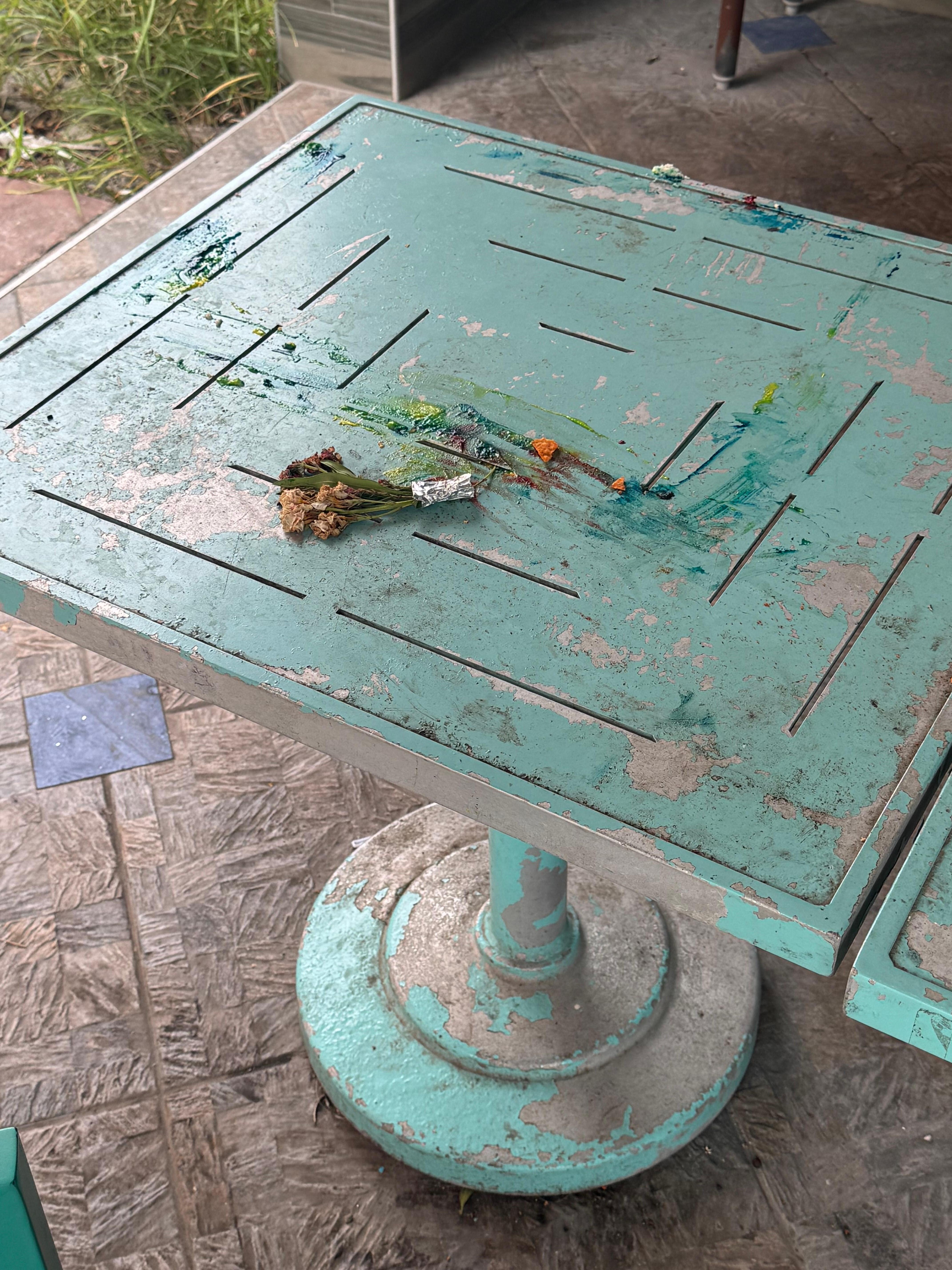 Patio tables and chairs. Do not sick down on them, the paint will rub off and stain your clothing 