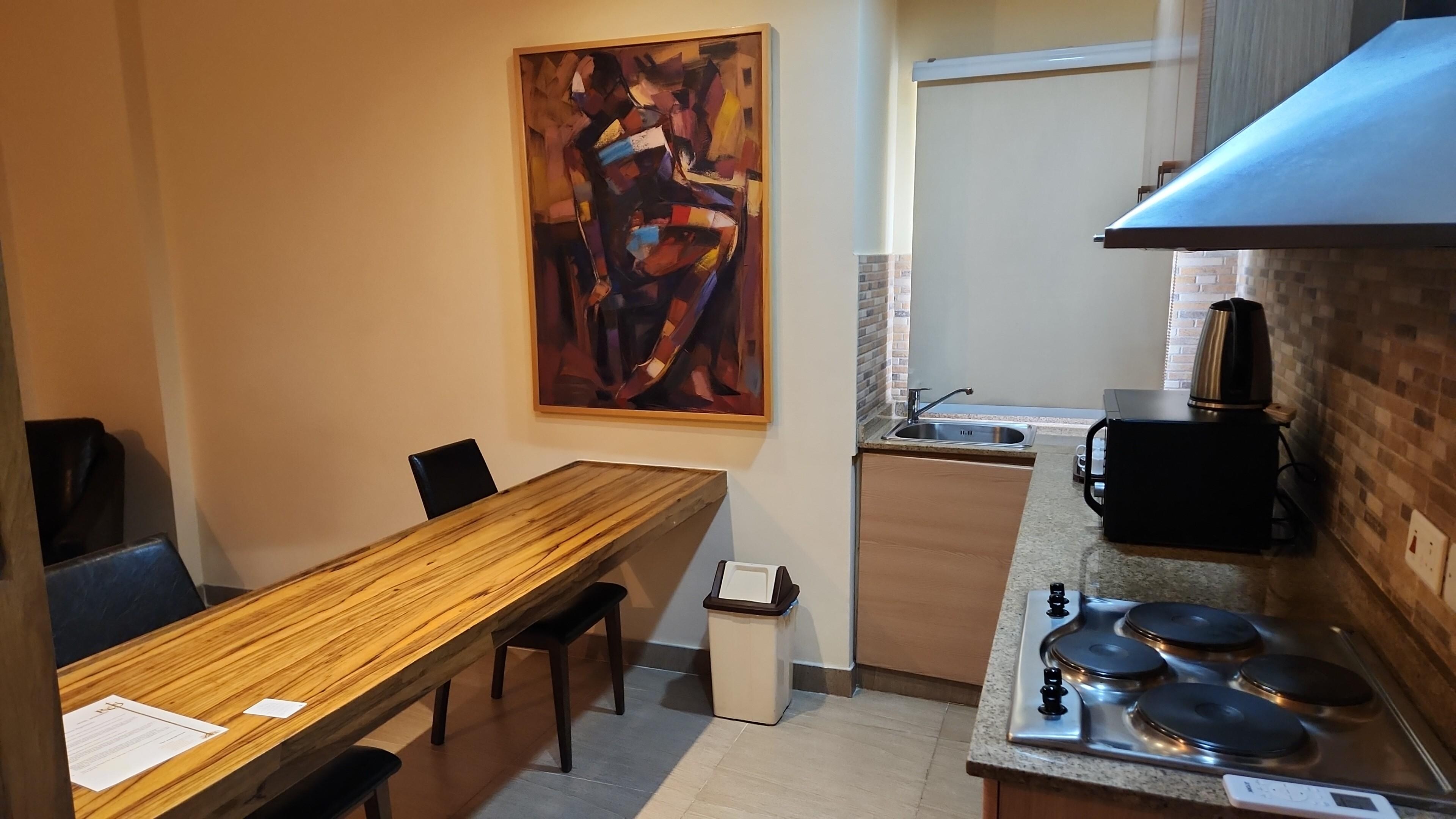 Small, but equipped kitchen area. Didn't use it much as local food is excellent. 