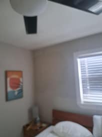 Multiple obvious ceiling and wall patch and paint overs throughout. This is one area.