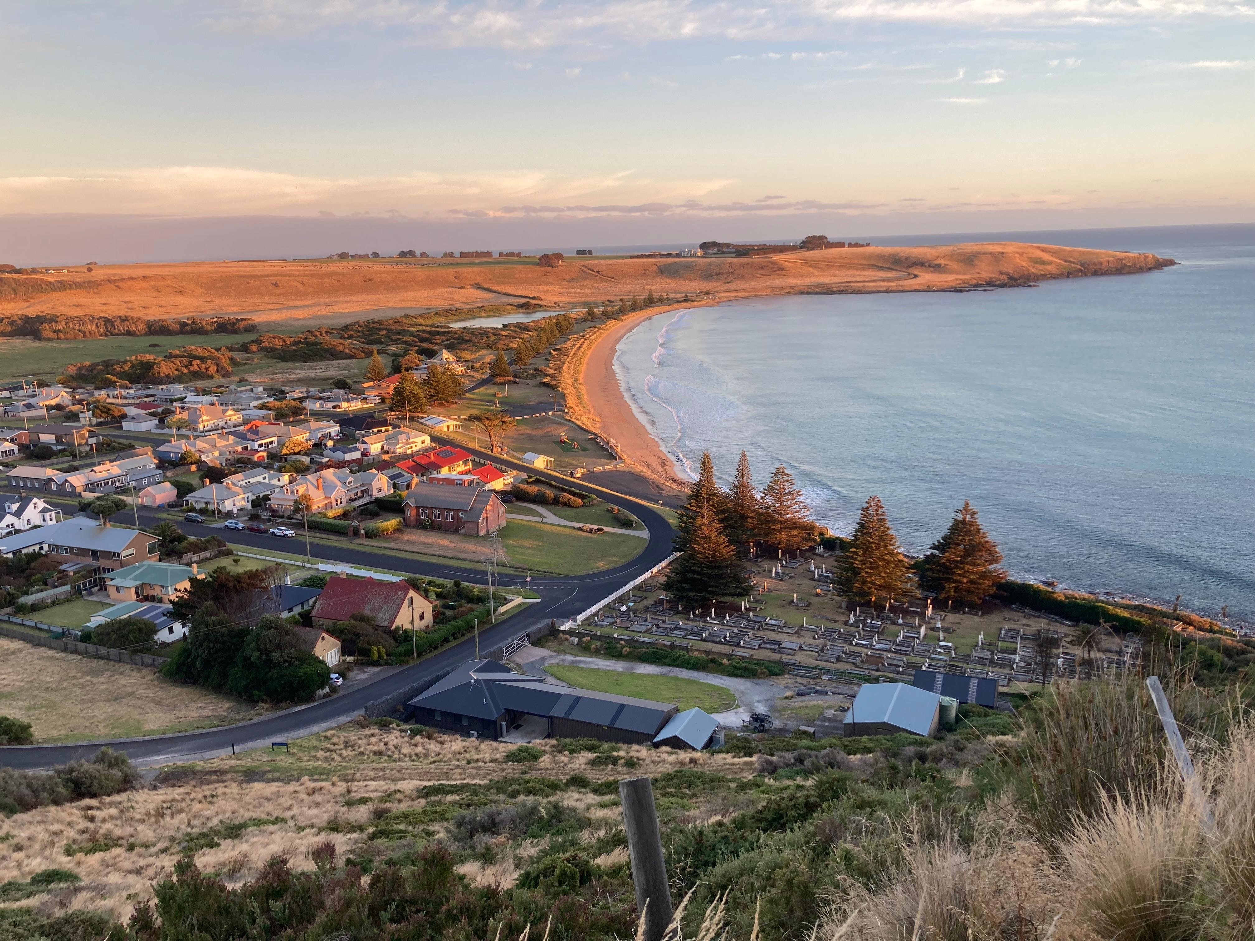 Halfway up circular head looking back on the township of Stanley before sunrise