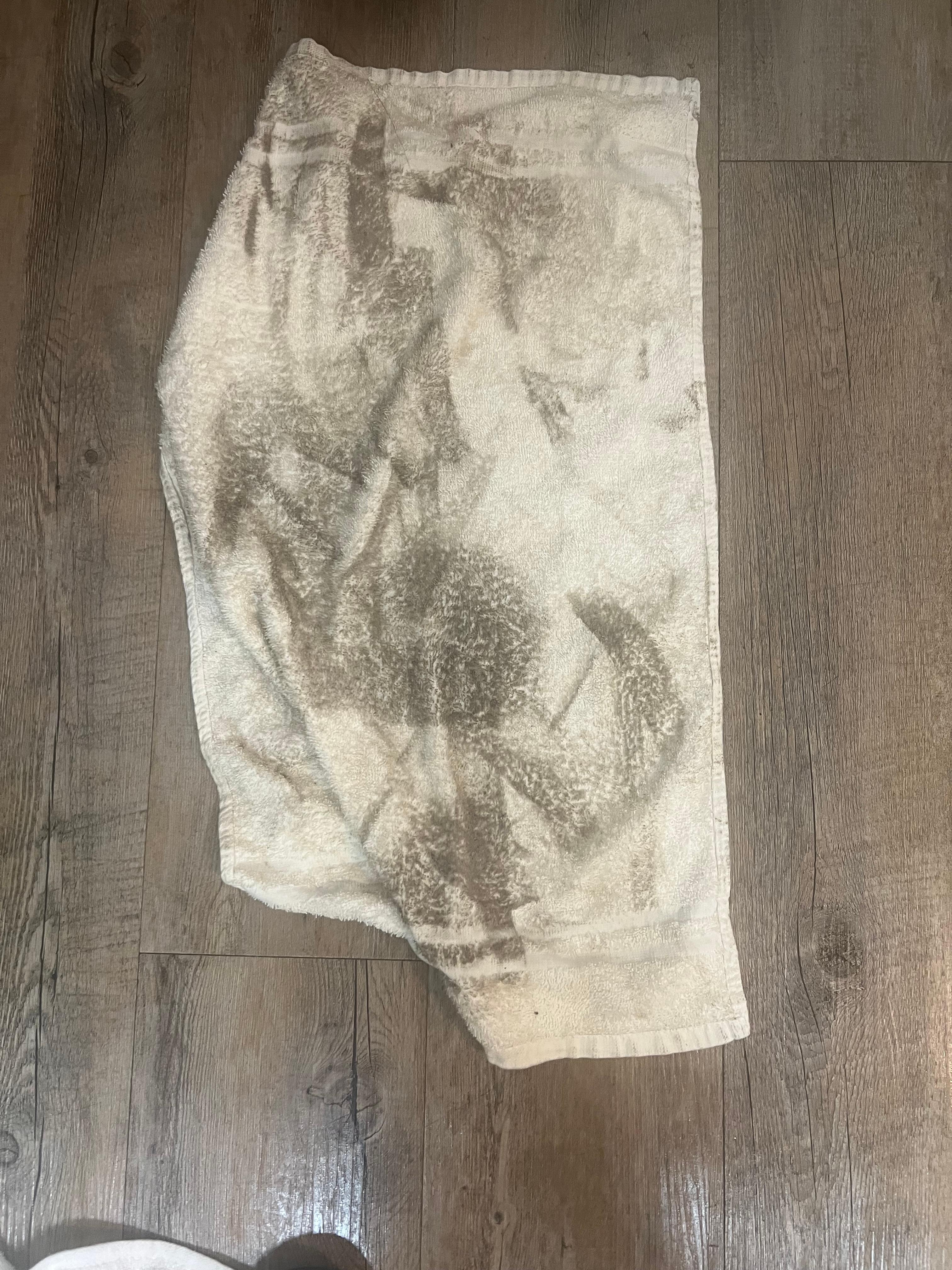 Towel used to clean a path on the floor to the bed. Rest of towels used to walk on