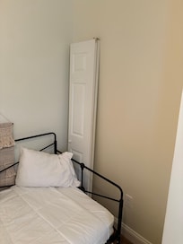 The closet door, not fixed. Also the room with dirty Q-tips and stains.