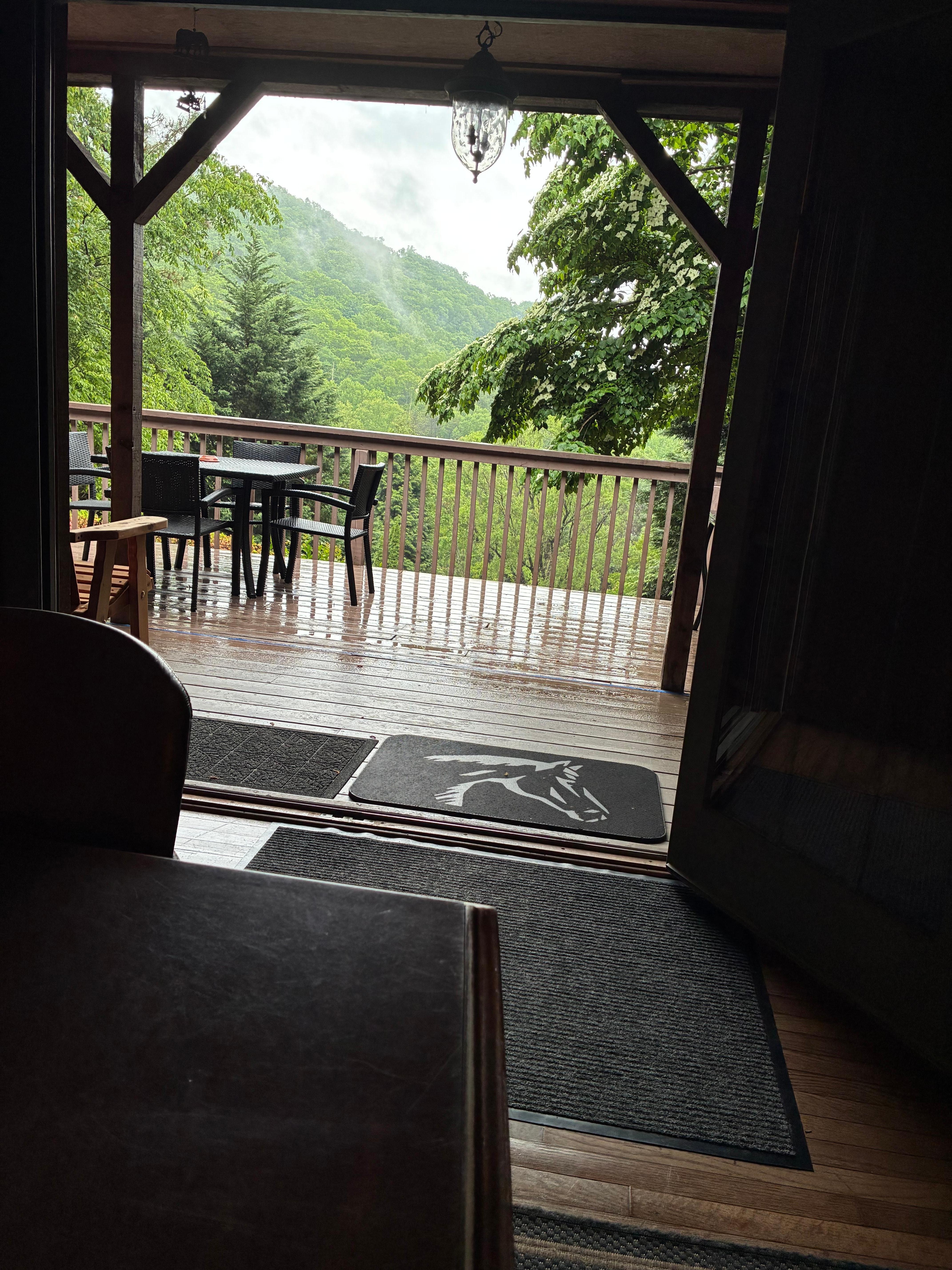 Standing inside next to big dining room table looking outside to front porch and view. 