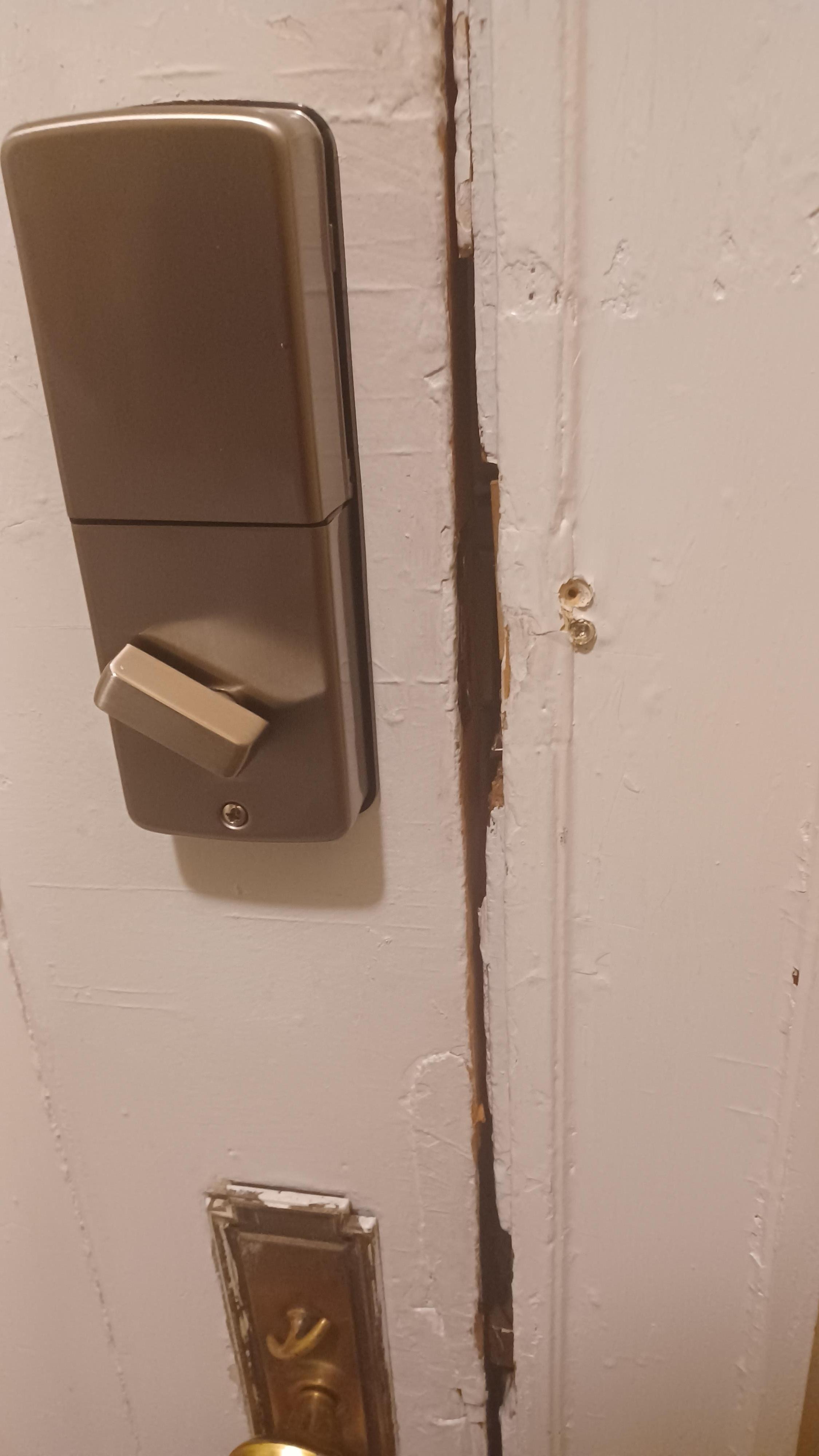 Enlarge this photo of the Entry Door. The Deadbolt was Exposed as there was a Chunk of the Frame Missing.. UNSAFE!!!!!