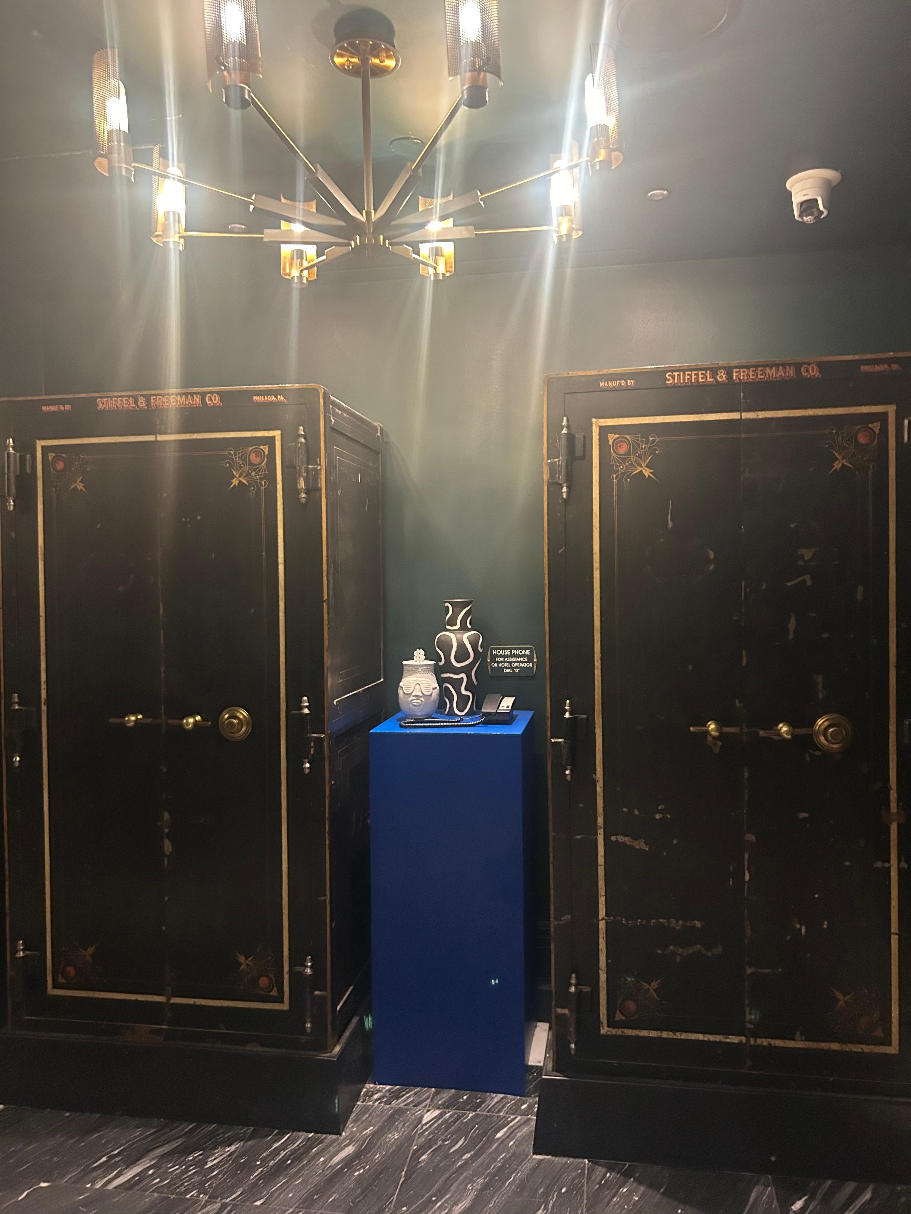 Historical safes from the property were featured in the lower lobby area.