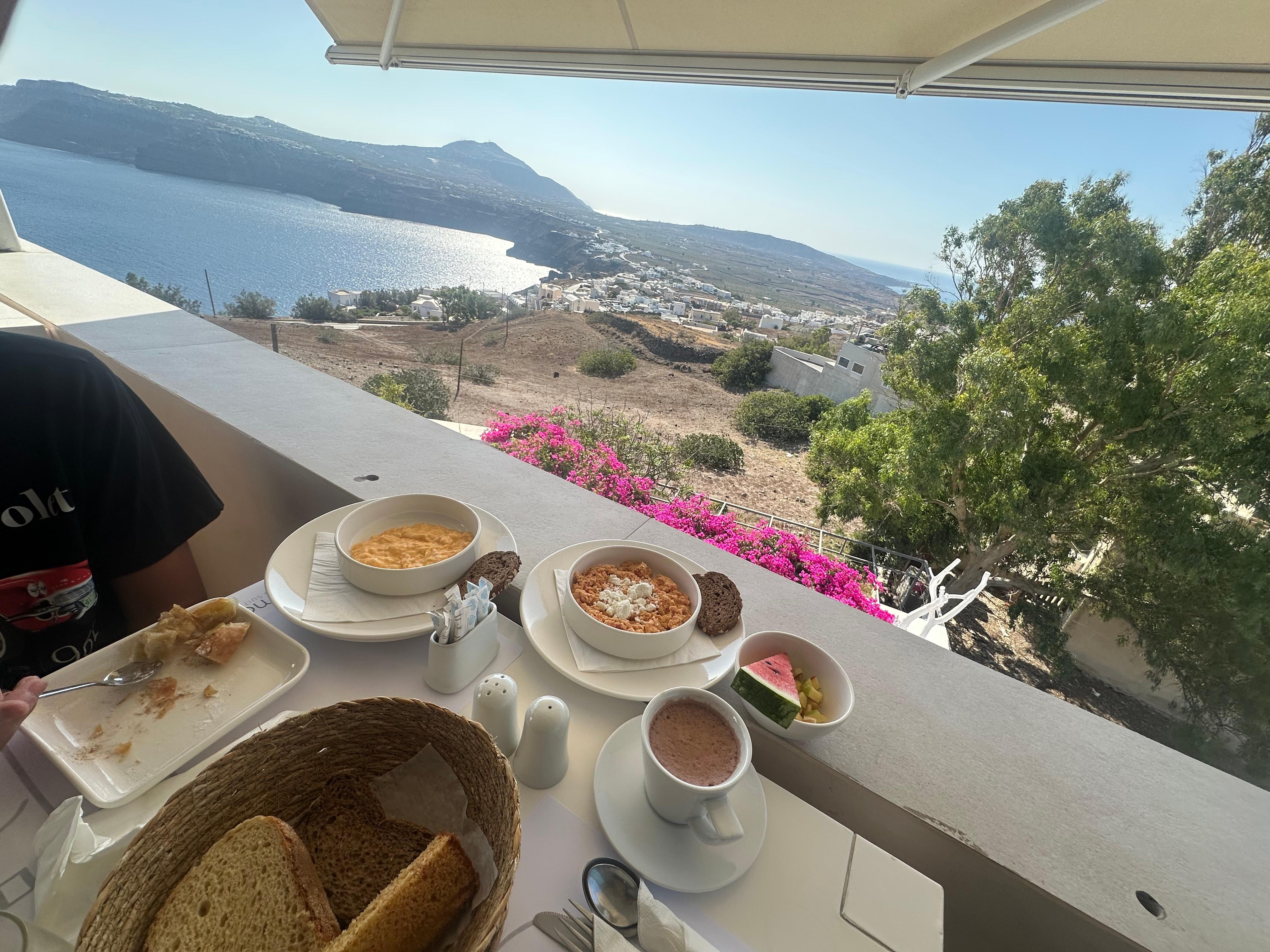 Breakfast (included with room) overlooking the Aegean