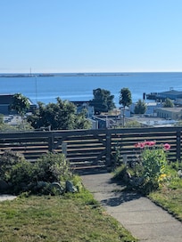 View from the porch into the front garden: the Strait of Juan de Fuca.