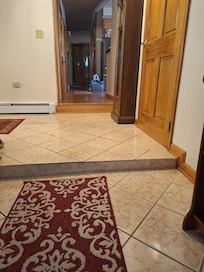 Two unmarked level transitions--the tile in the front, and the tile to hardwood in the back.