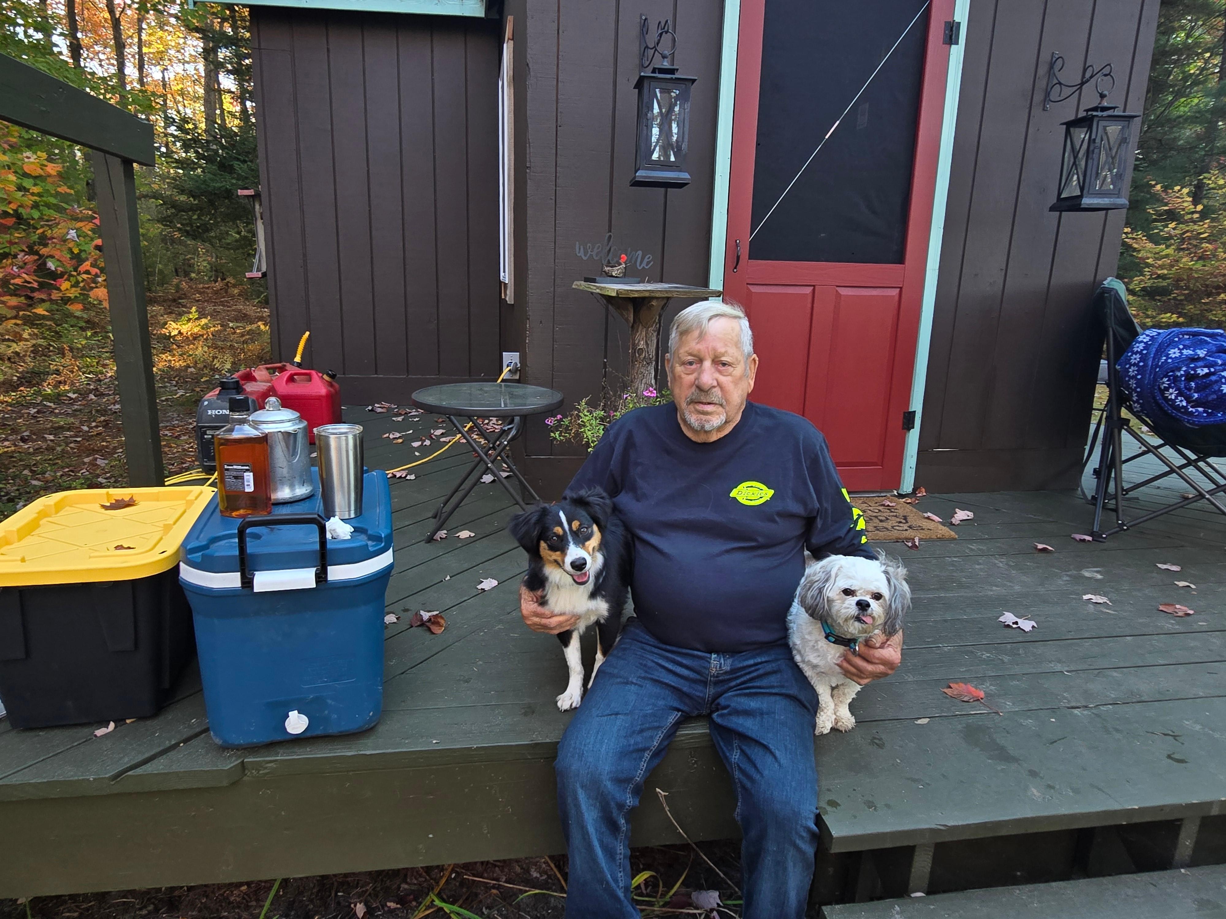 Puppies very happy on the deck amd in the woods
