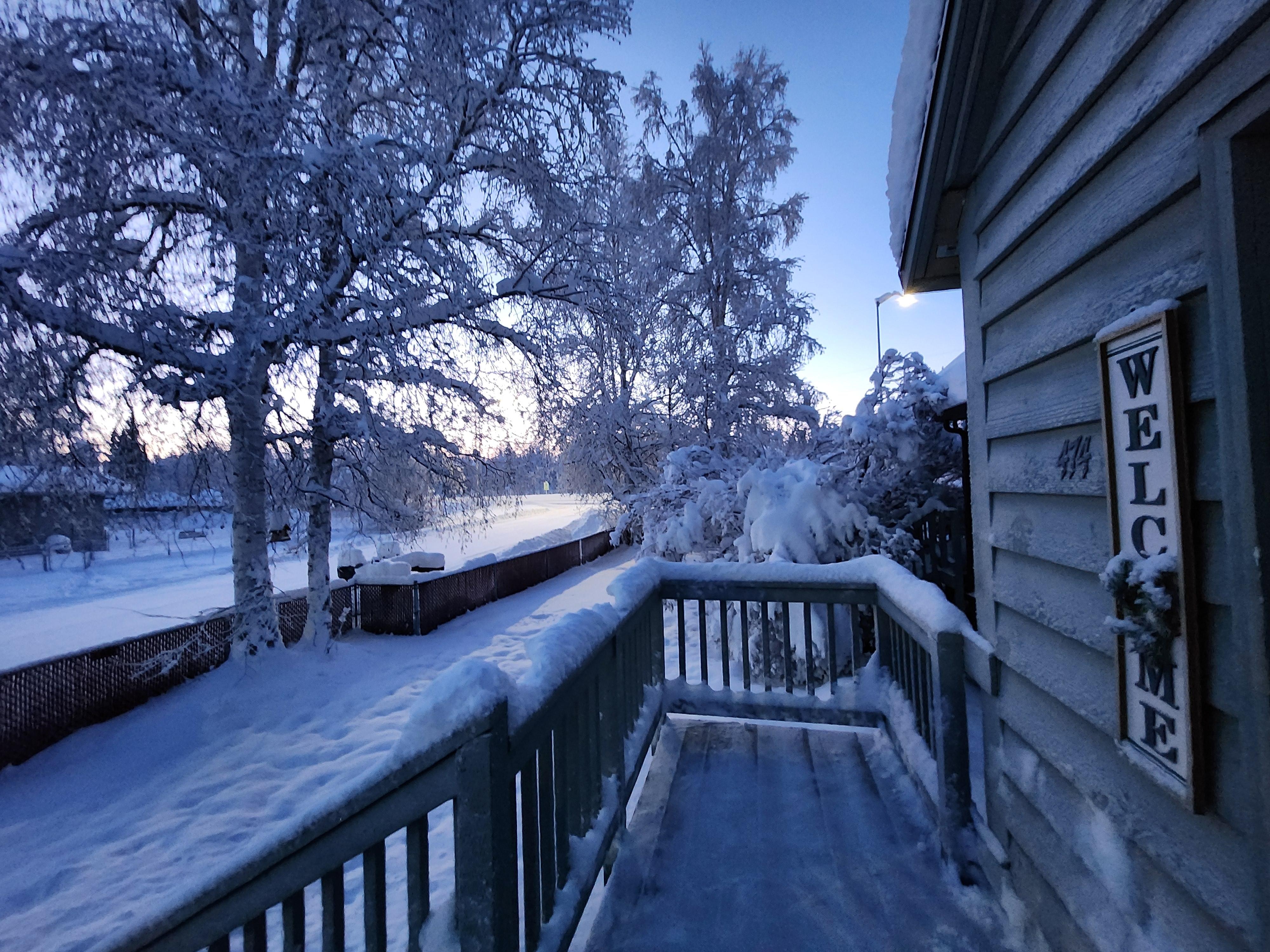 The snowy view out the front door, as the sun is peeking through. 