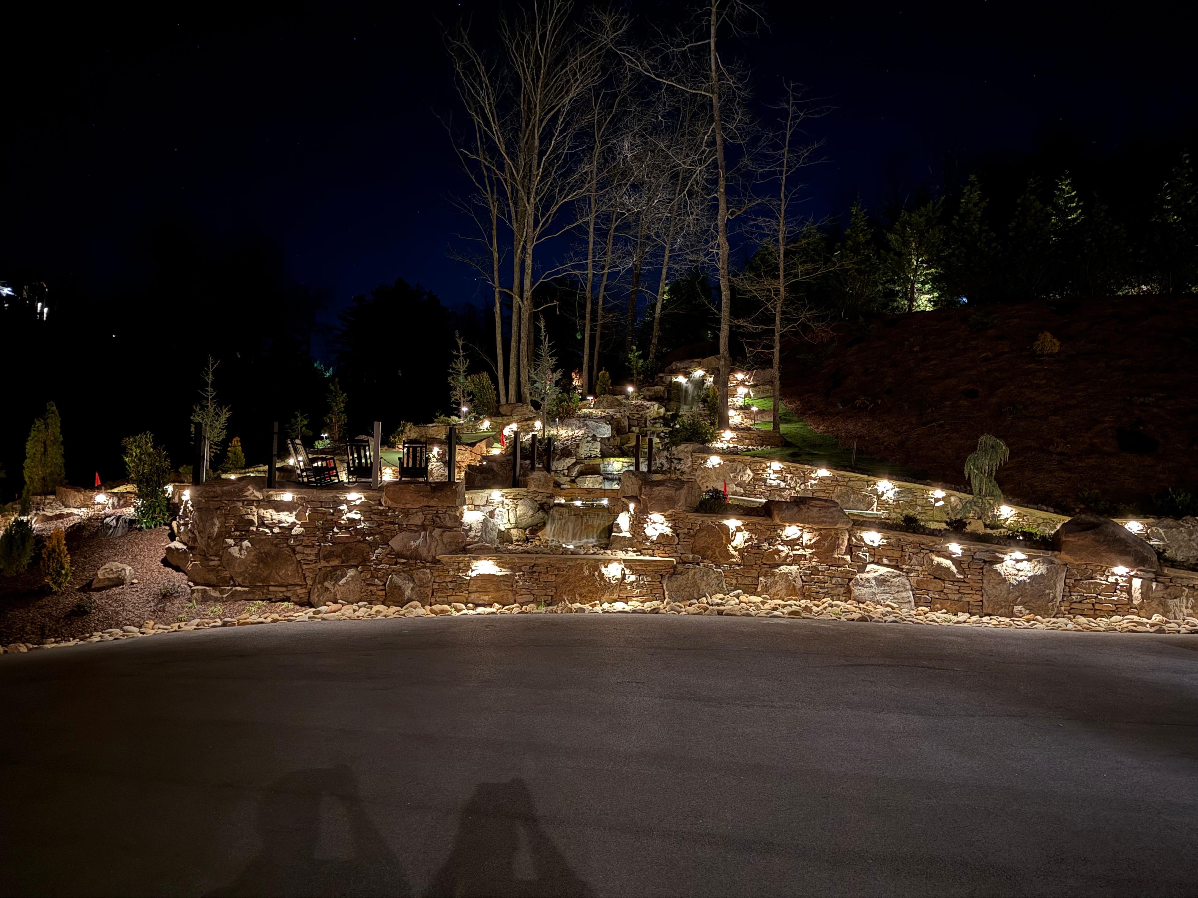Mini Golf Course and Waterfall at night