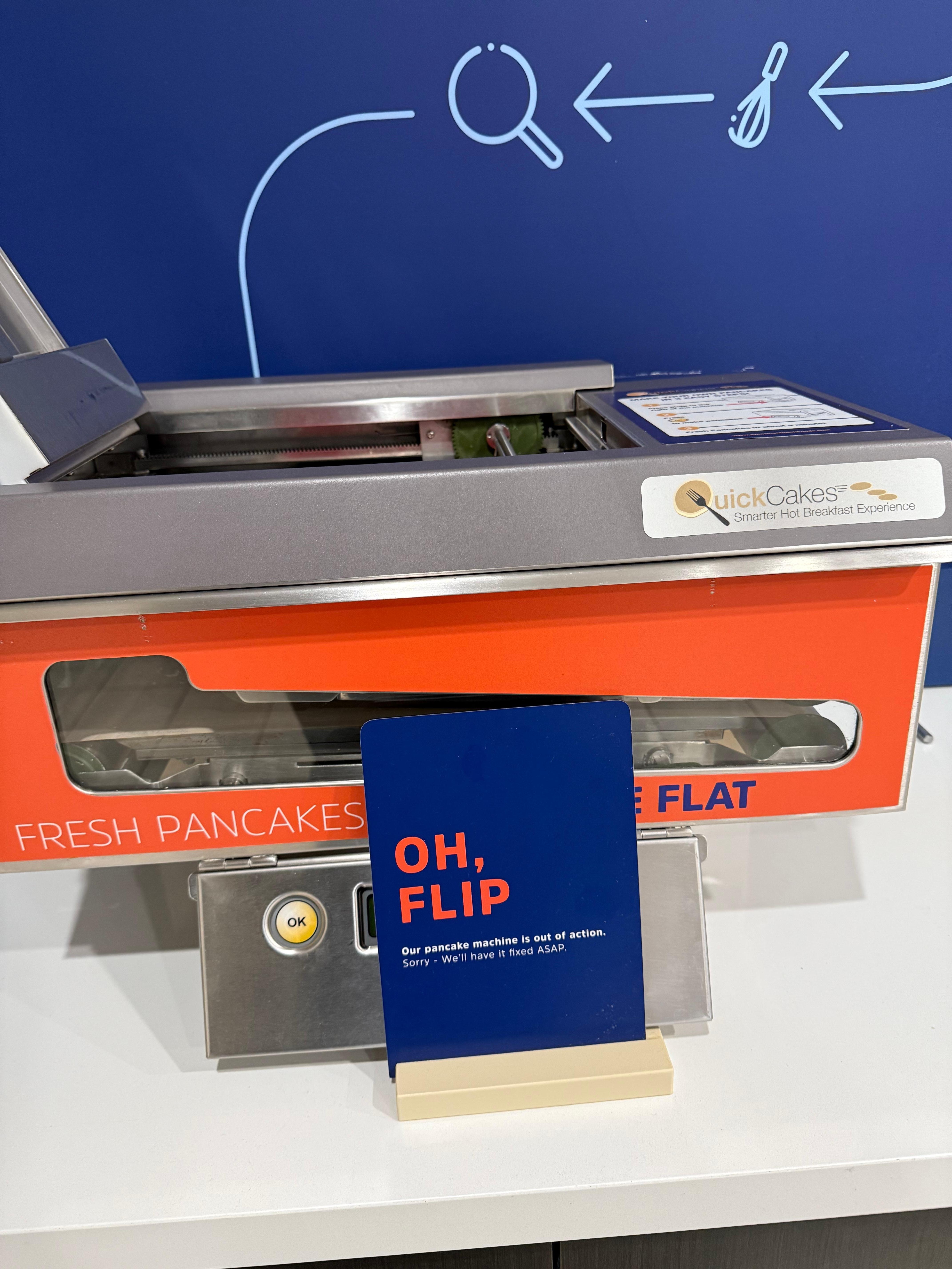 Broken pancake machine. But when I said, “it’s broken”, a staff member barked at me, “it’s not broken! Just needs a new battery!” I was there 4 days and it was never up and running.